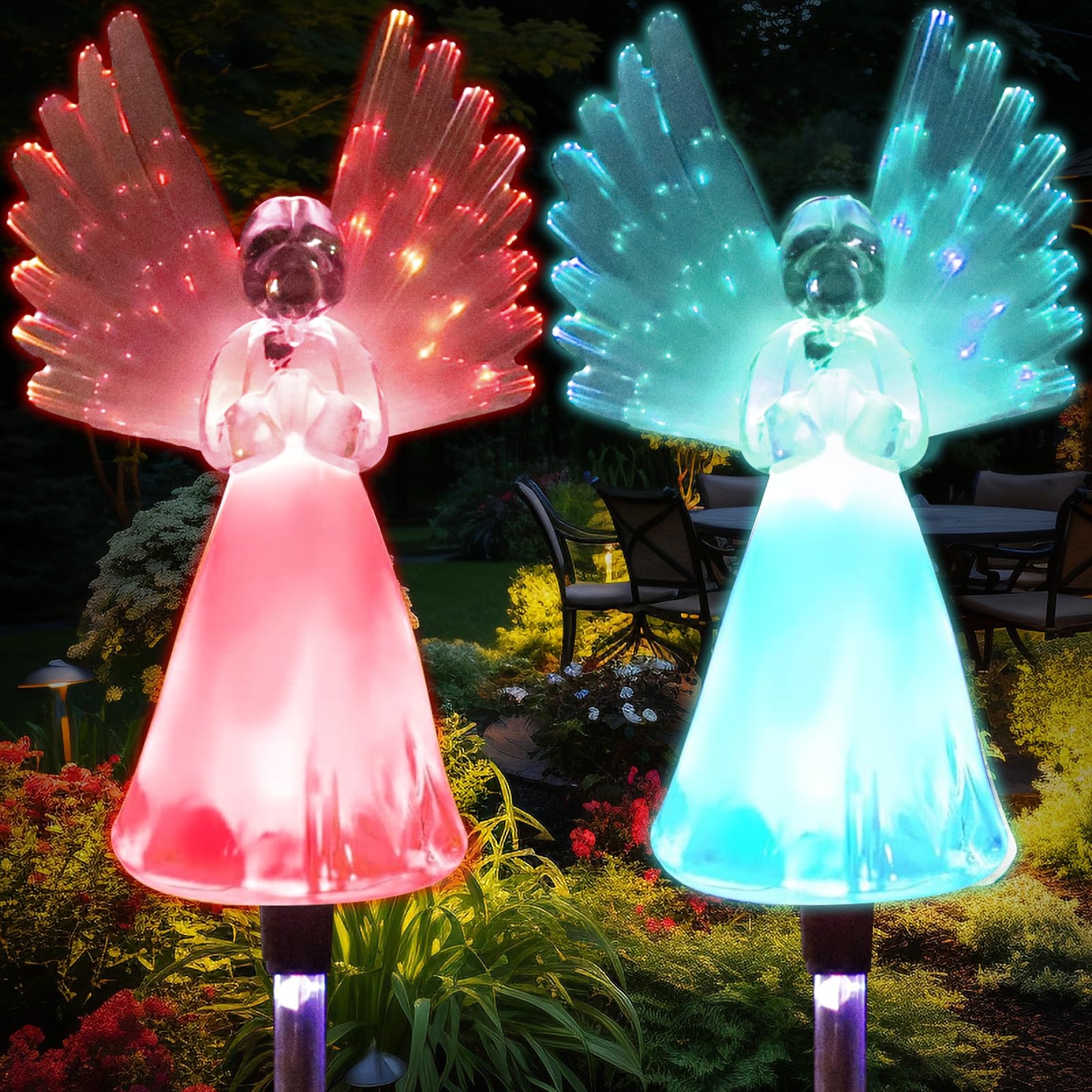 KTCINA 2Pcs Angel Solar Garden Lights, IP65 Waterproof Outdoor Garden Stake Lights 7 Color Changing Angel Decorative Light for Outdoor Patio Yard Landscape Cemetery Grave Lawn Decoration