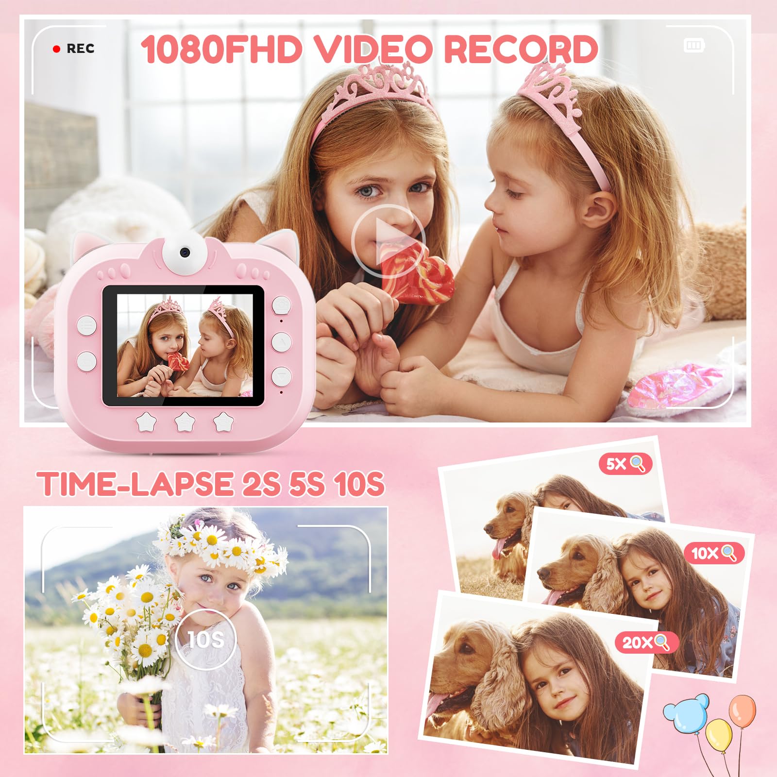 Macchina Fotografica Bambini Istantanea, Potuem 2.4 Pollici Digitale Fotocamera Bambini con Zoom 20X, Lente Ruotabile a 180°, 48MP/1080P Fotocamera Istantanea per Bambini, Regalo di Compleanno