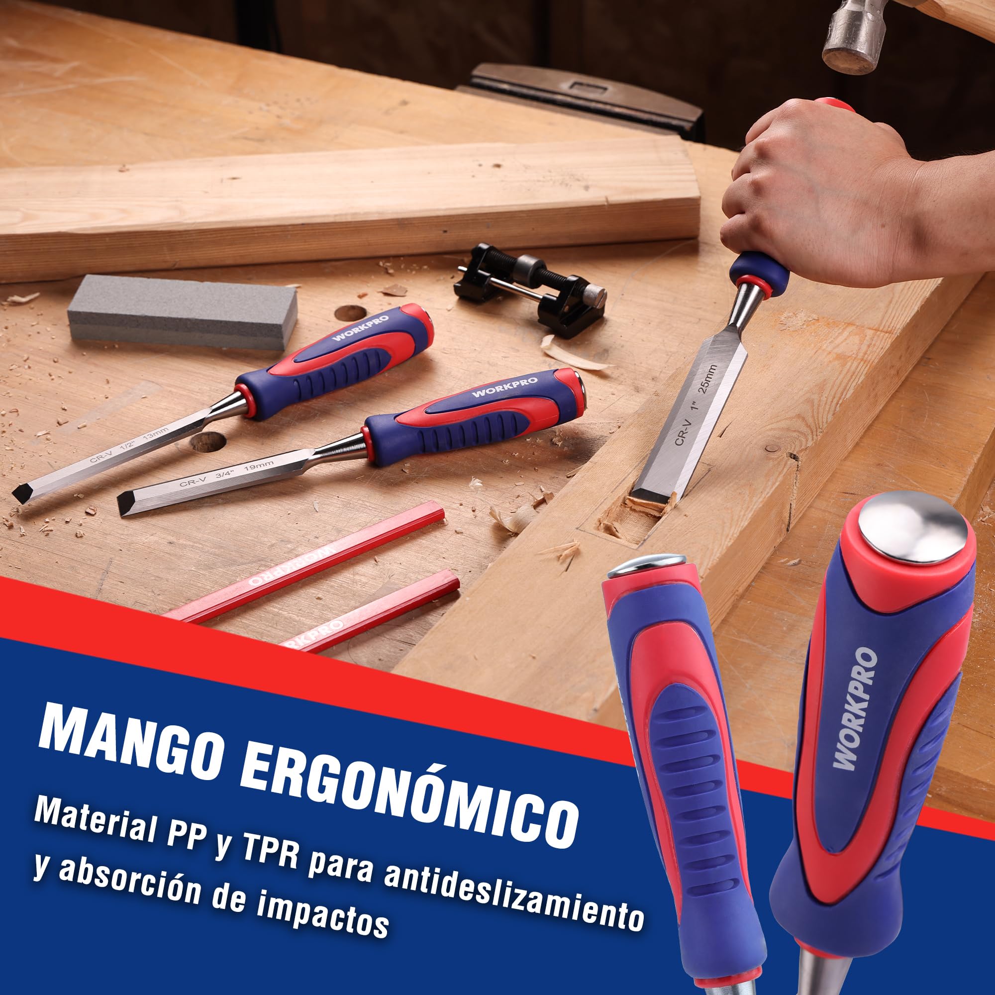 WORKPRO Juego de 10 Cinceles de Madera Cr-V con Mango Antideslizante, Estuche Compacto, Lápices de Carpintero y Piedra de Afilar – 6 Tamaños (6-38mm) para Bricolaje y Carpintería