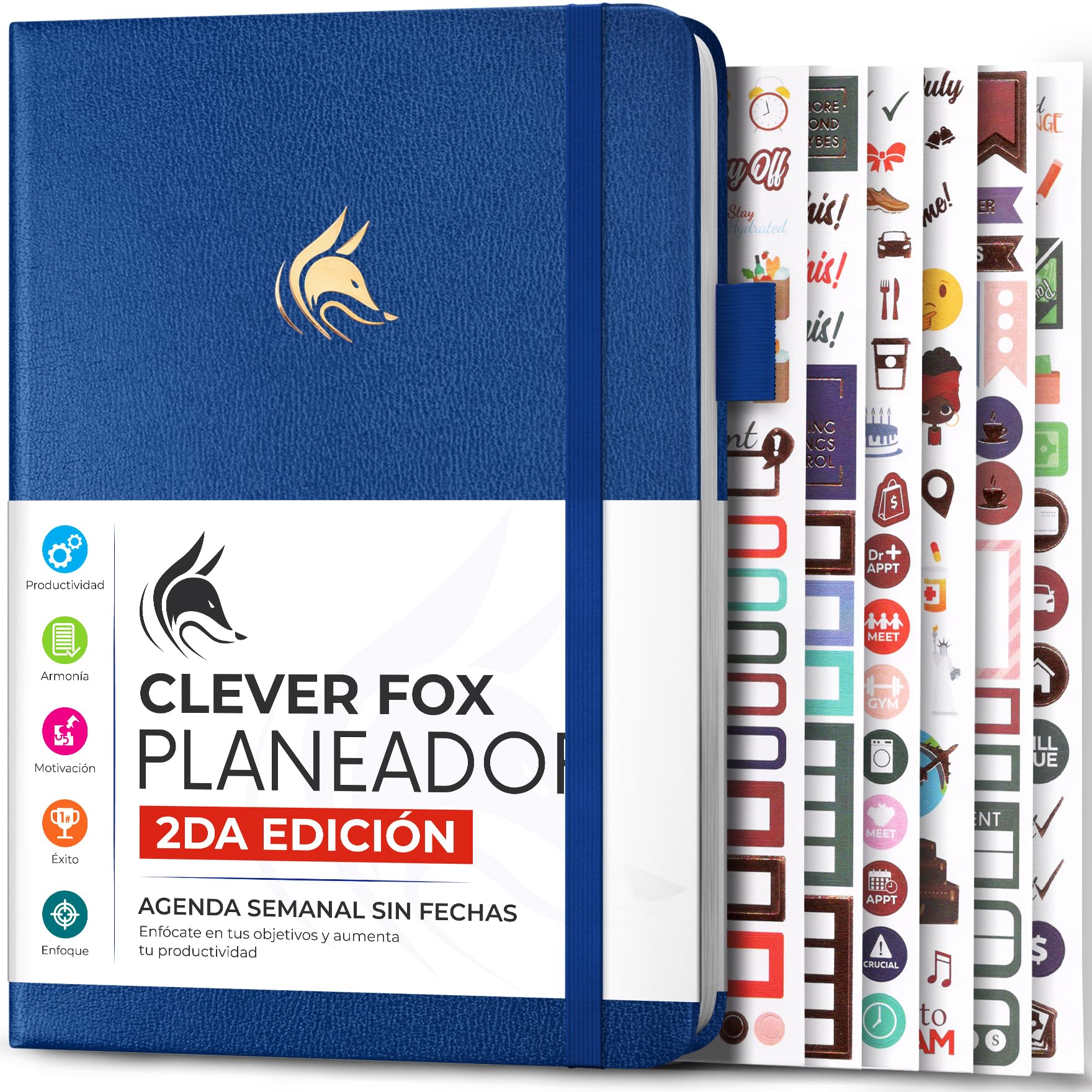 Clever Fox Agenda 2 Edición en Español - Colorida Agenda de Objetivos Semanales y Mensuales, Organizadora de Tiempo, Sin Fecha A5 (Azul místico)