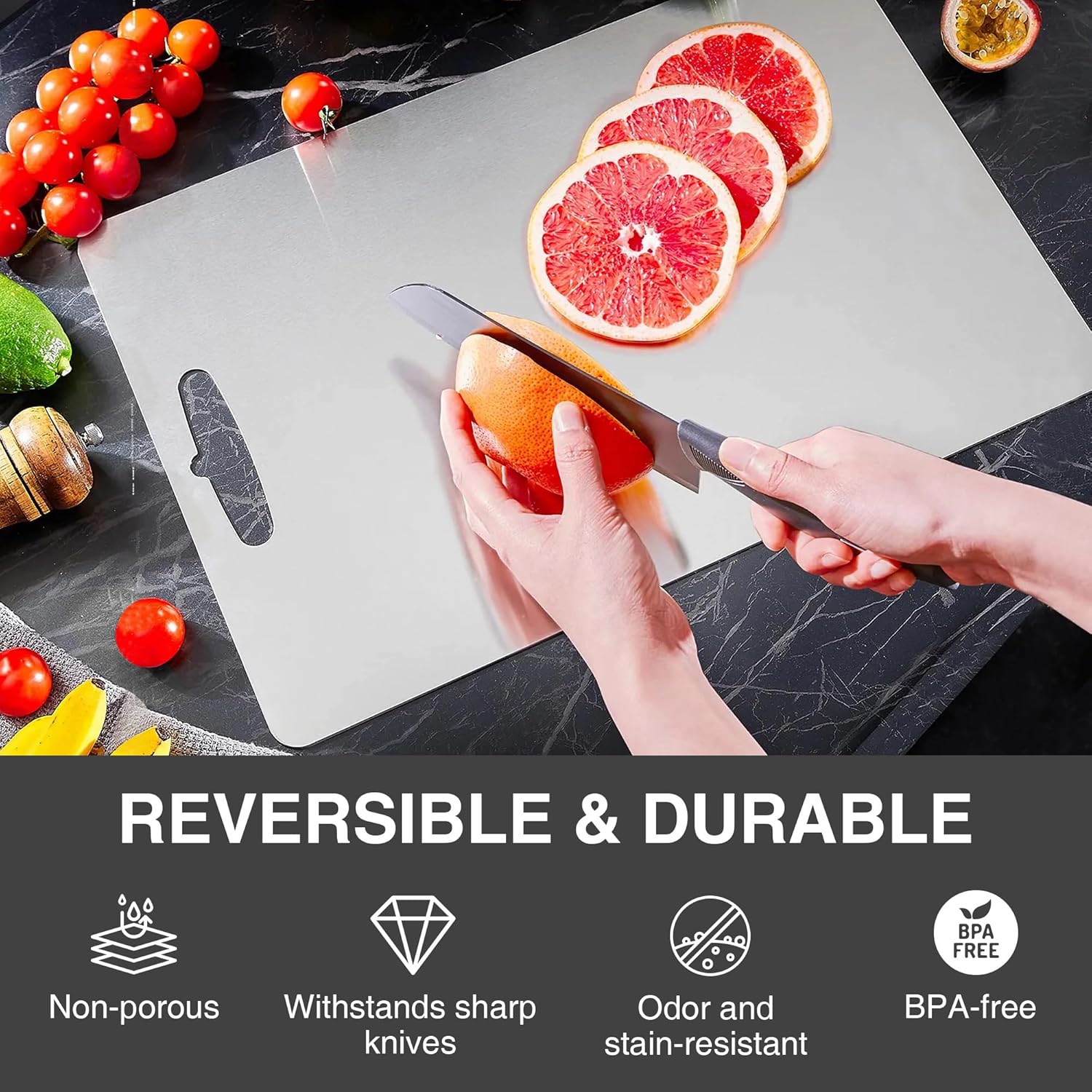 SOSMAR 304 Stainless Steel Cutting Board, Double-Sided Cut Board for Kitchen Food Grade Cutting Board, Rust-Proof, Hygienic, and Durable for Meat, Fruit, and Vegetables (9.84 x 14.17 inches)