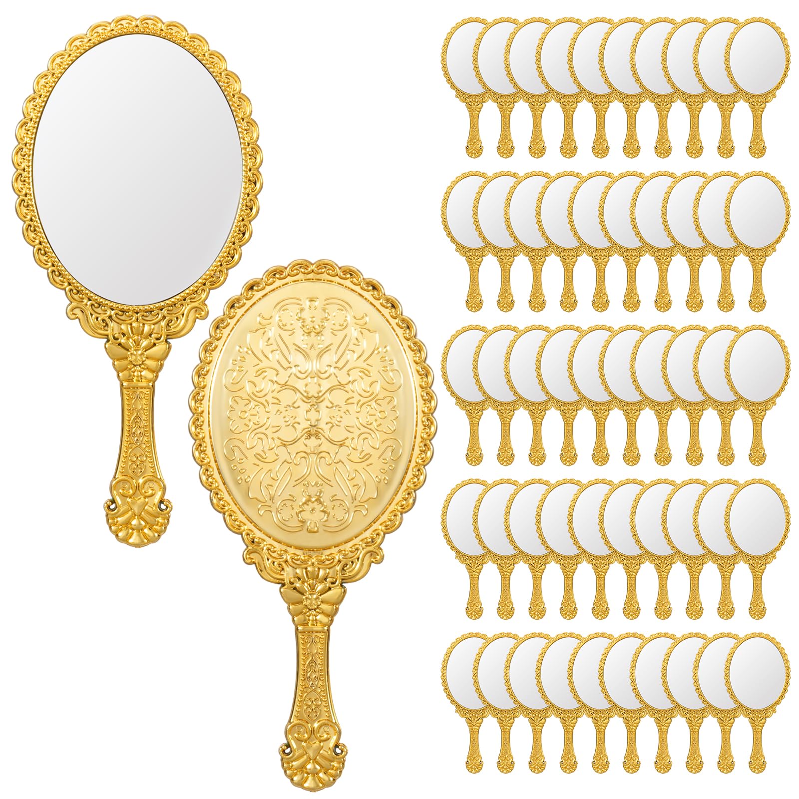 Rainmae 50 Pack Vintage Handheld Mirrors for Makeup, Gold Embossed Floral Portable Princess Mirror with Handle, Decorative Travel Cosmetic Purse Mirror for Women, Party Favors, Classroom
