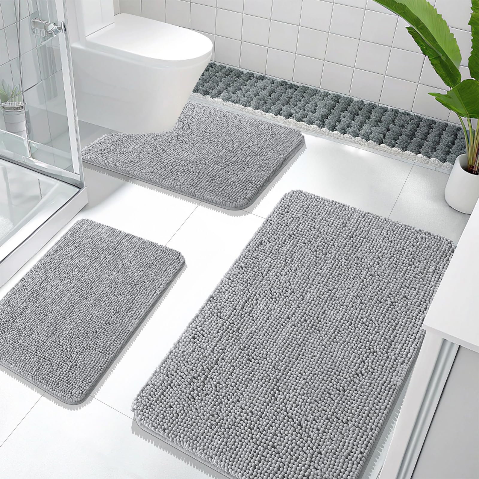 OLANLY Bathroom Rugs Sets 3 Piece, Soft Absorbent Chenille Bath Mats and U-Shaped Contour Toilet Rug, Quick Dry, Home Decor Accessories, Bath Mat Set