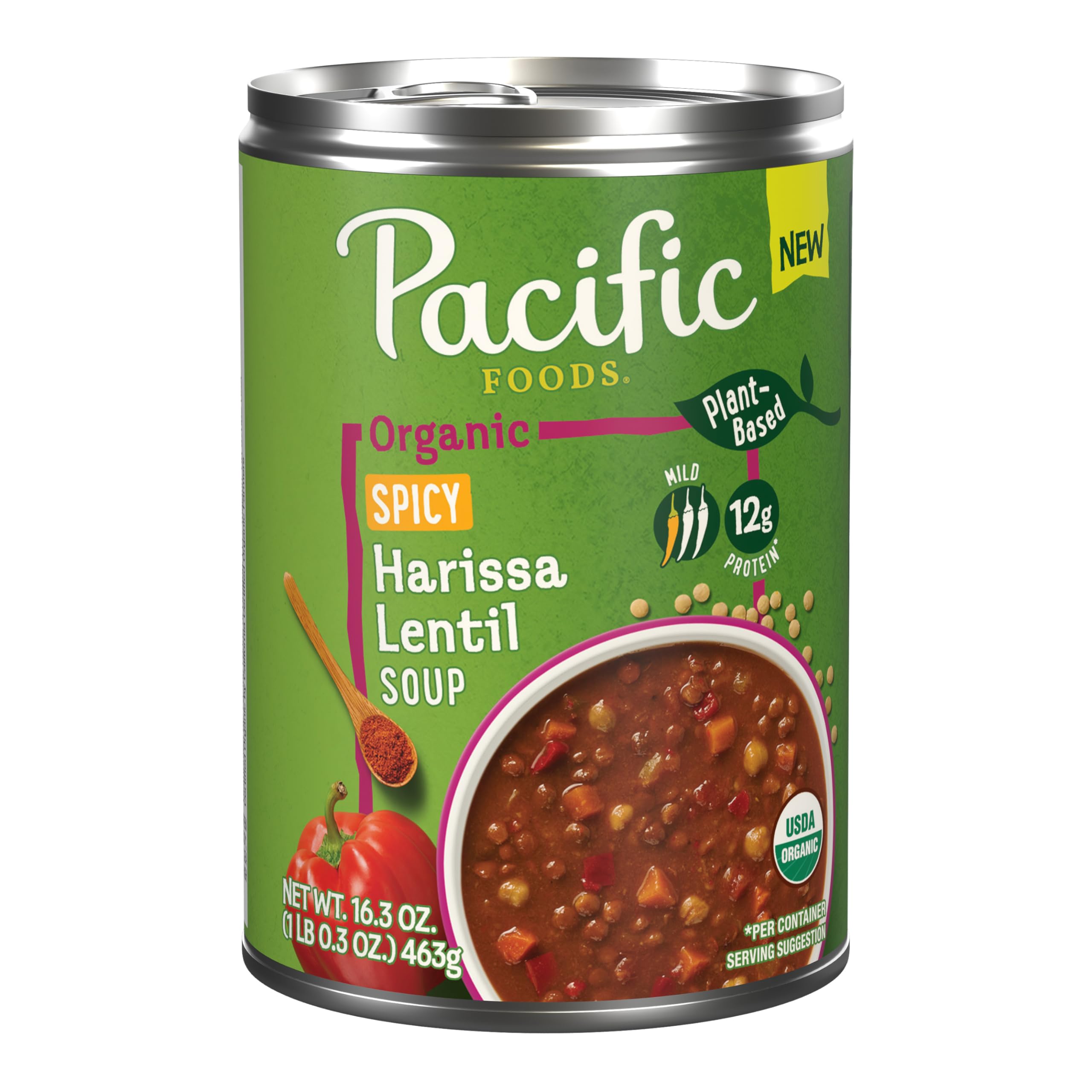 Pacific Foods Organic Spicy Harissa Lentil Soup, Plant Based, 16.3 oz Can