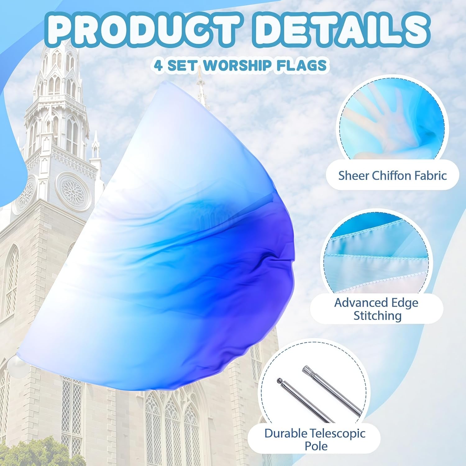 Baisdan 4pcs 39"x27" Worship Flags for Beginner, Praise Dance Flag for Teenagers, Praise and Worship Flag for Dance Church, Praise Flags with Telescopic Poles, 4Pack, White Blue