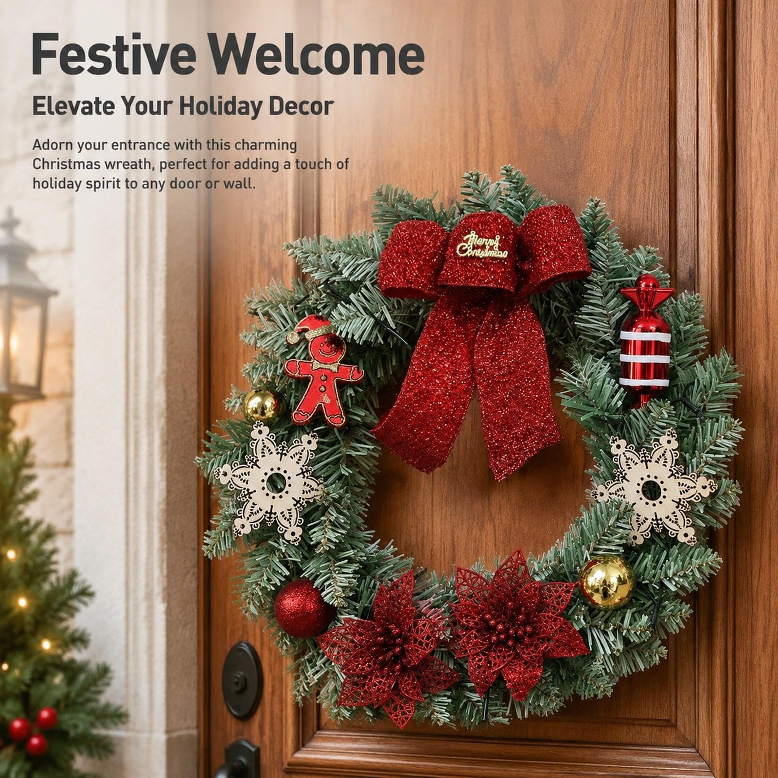 Corona de Navidad Artificial Guirnalda Adorno Y Decoración para Pared Materiales Madera Y PP con Efecto Natural Adecuada para Puerta Ventanas Chimenea, Dulce, Individual