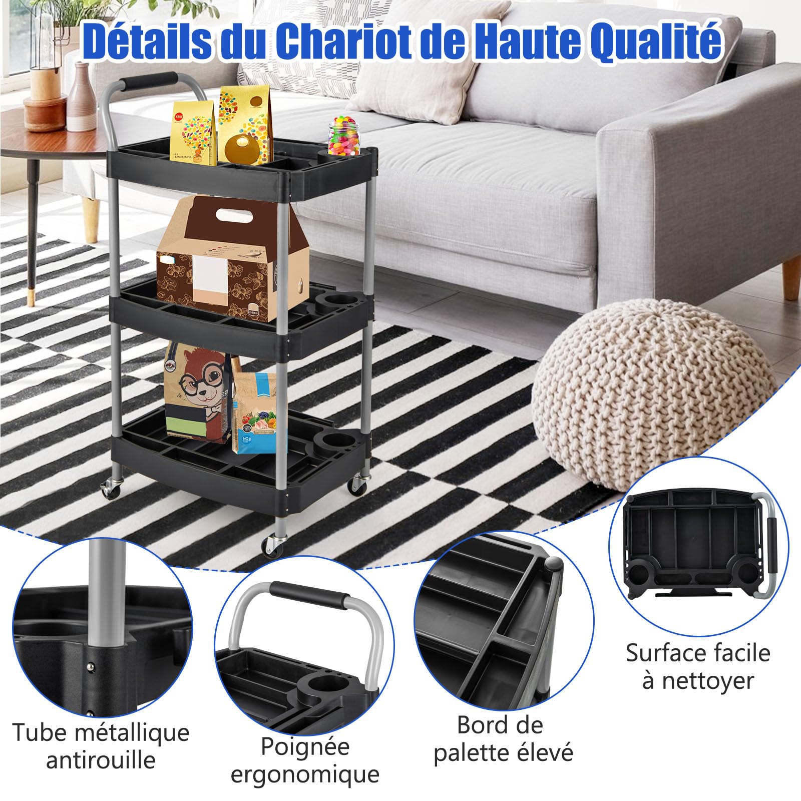GYMAX Chariot de Rangement à roulettes 3 Niveaux, Cadre en Métal, Poignée Pratique, Organisateur pour Outils, Roues Universelles, pour Garage, Salon de Coiffure, Salon de Beauté, Atelier