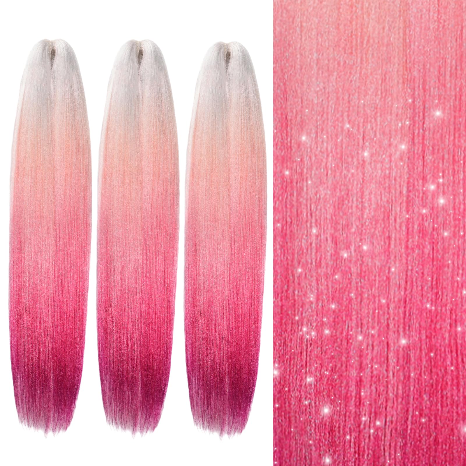 EMMORPre Stretched Braiding Hair 3 Packs Braid Crochet Hair 24 Inch Hot Water Setting Professional Soft Yaki Texture(White-Pink)