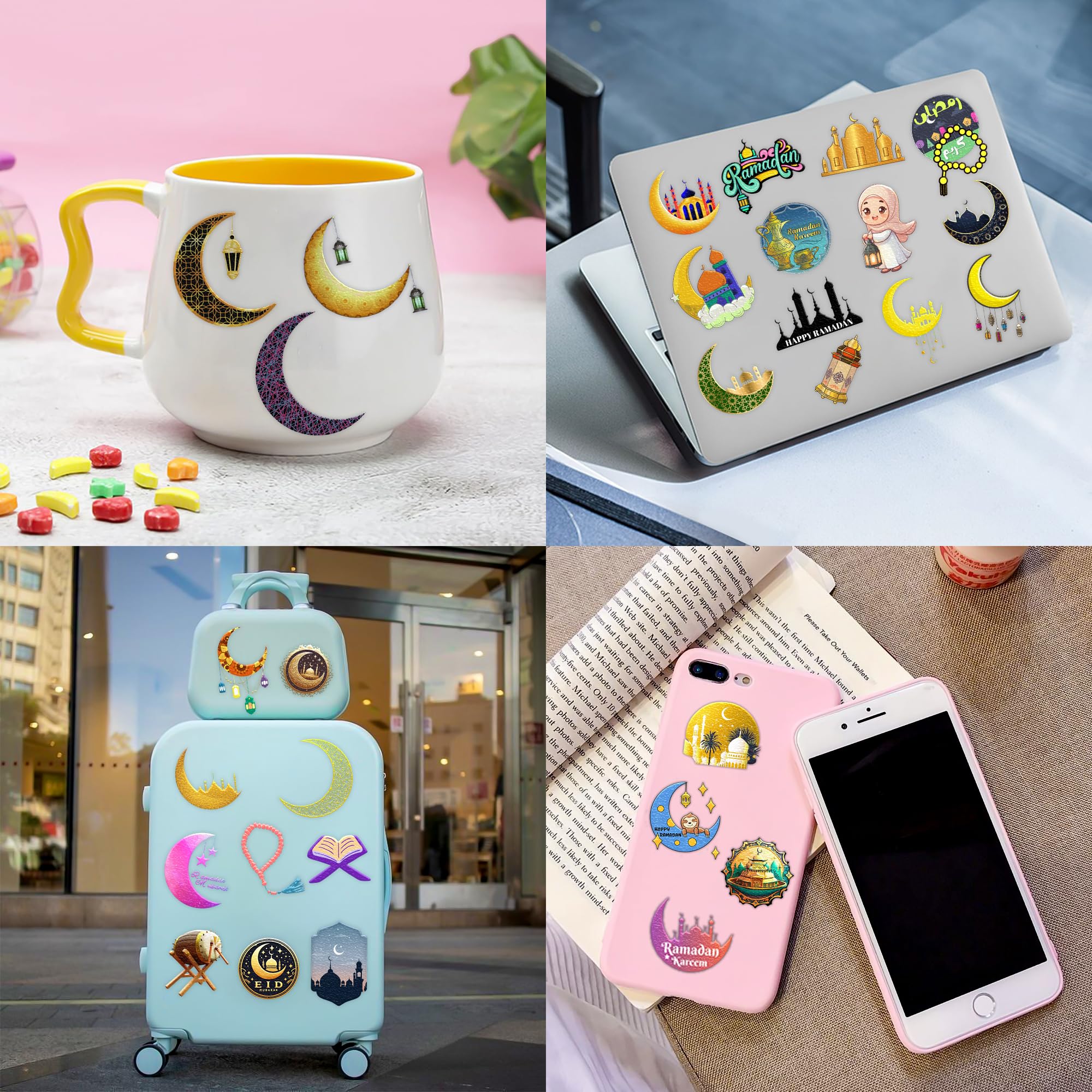 96 PCS Funny Happy Eid Al Adha Ramadan Kareem Mubarak Pre-cut Temporary Tattoos Sticker Birthday Moon Star Party Decorations Supplies Favors Boys Girl Cute Fake Tattoo School Reward Themed Festival