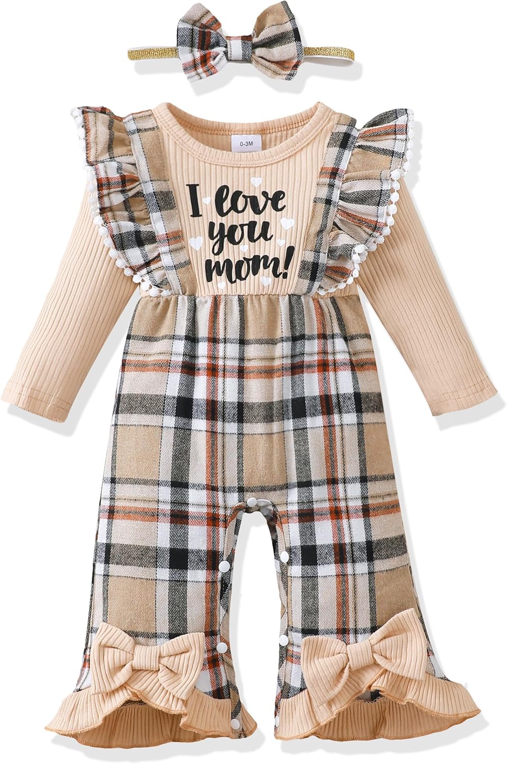 Renotemy Newborn Baby Girl Clothes Fall Winter Outfit Ribbed Romper Plaid Overalls Jumpsuit Infant Girl Outfits 0-18 Months