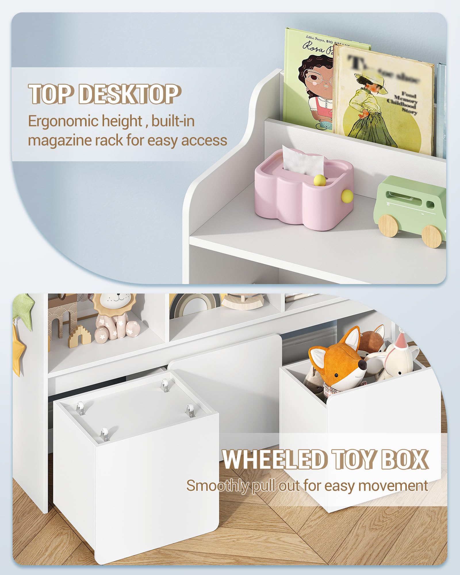 Hzuaneri Libreria per bambini con portariviste, mobile contenitore con 3 vani aperti e 3 scatole portaoggetti su ruote, camera bimbi, soggiorno, studio, 30×108×80 cm, bianco KB26003X