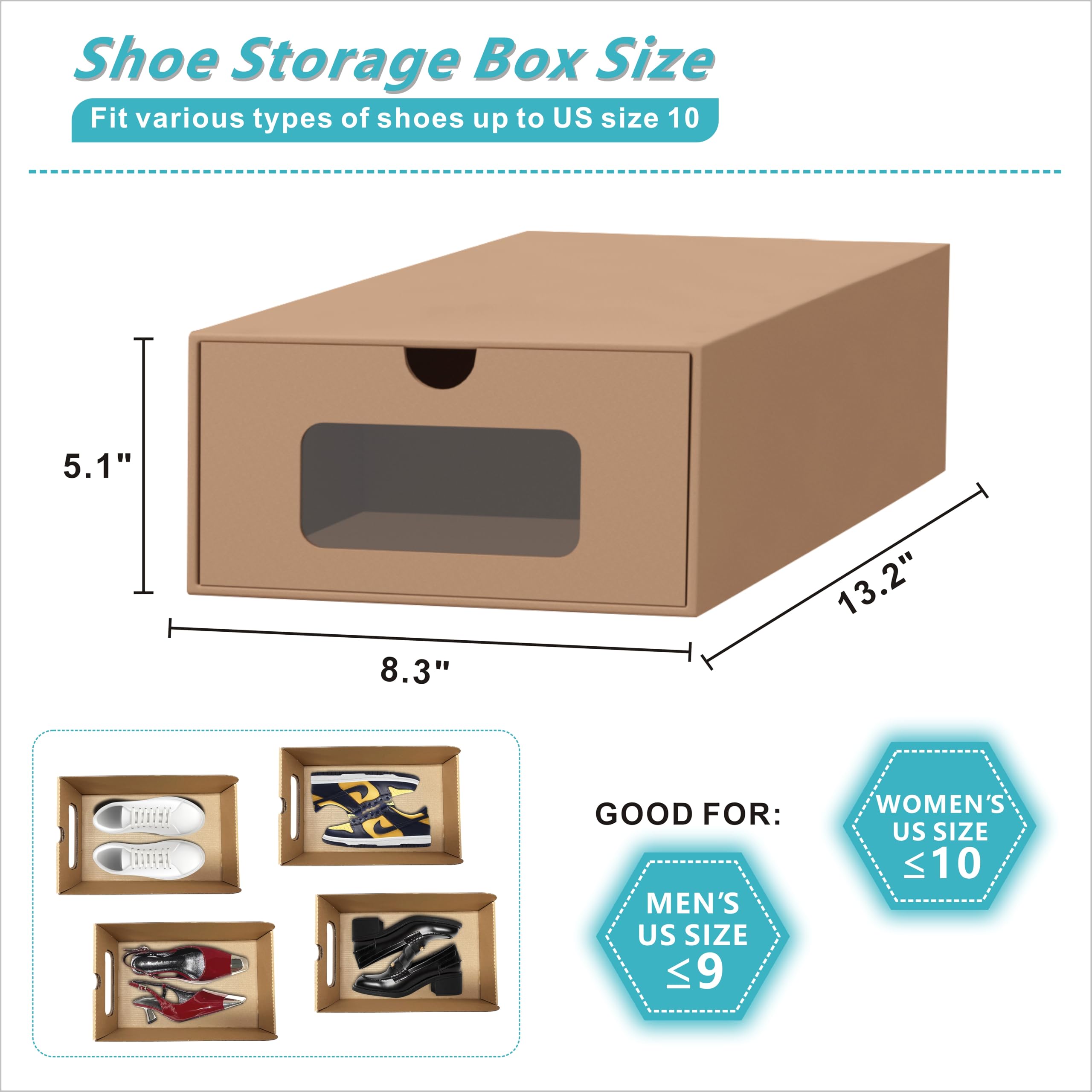 12 Pack Shoe Storage Bins, Waterproof Storage Boxes, Shoe Containers For Sneaker Display, Hat Organizer, Stack-able Cardboard Boxes, with Marking Labels, Transparent Window(13.2'' x 8.3'' x 5.1'')