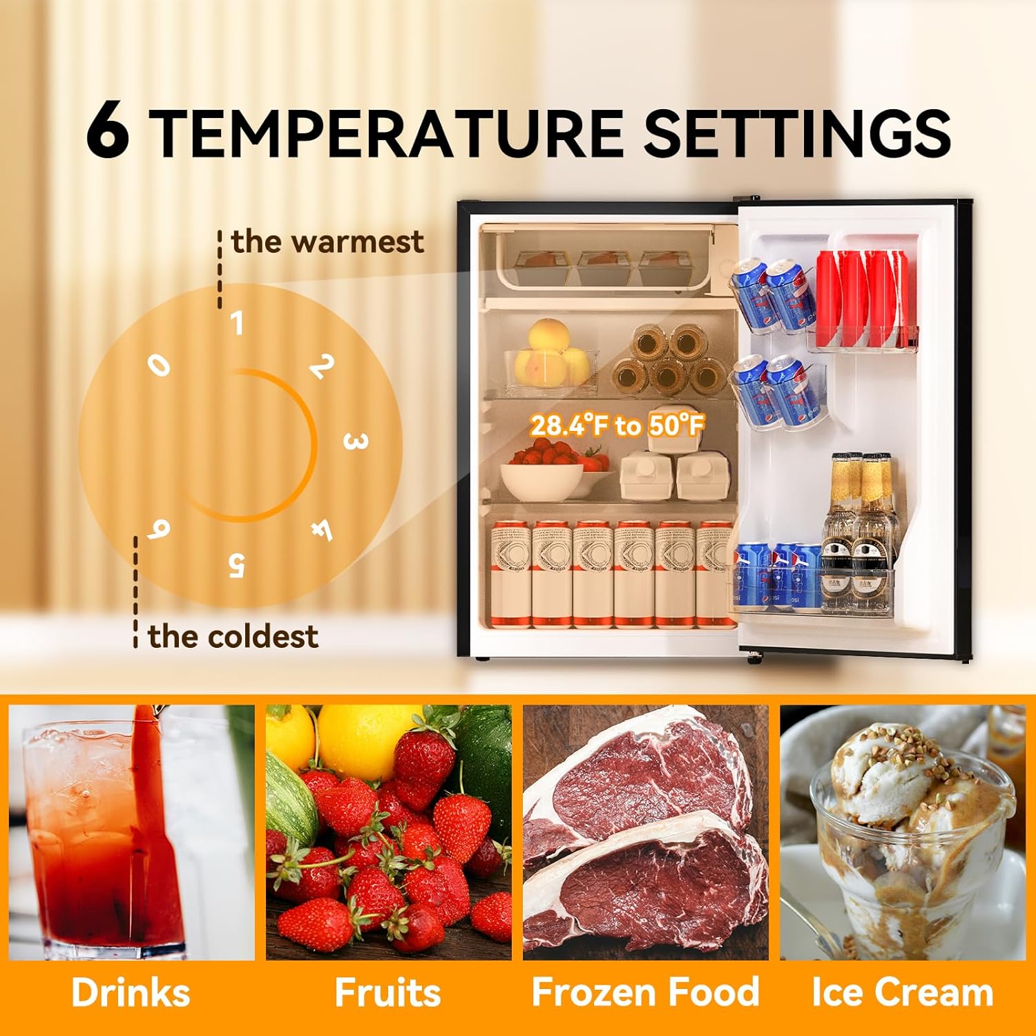Temperature control dial and examples of food storage