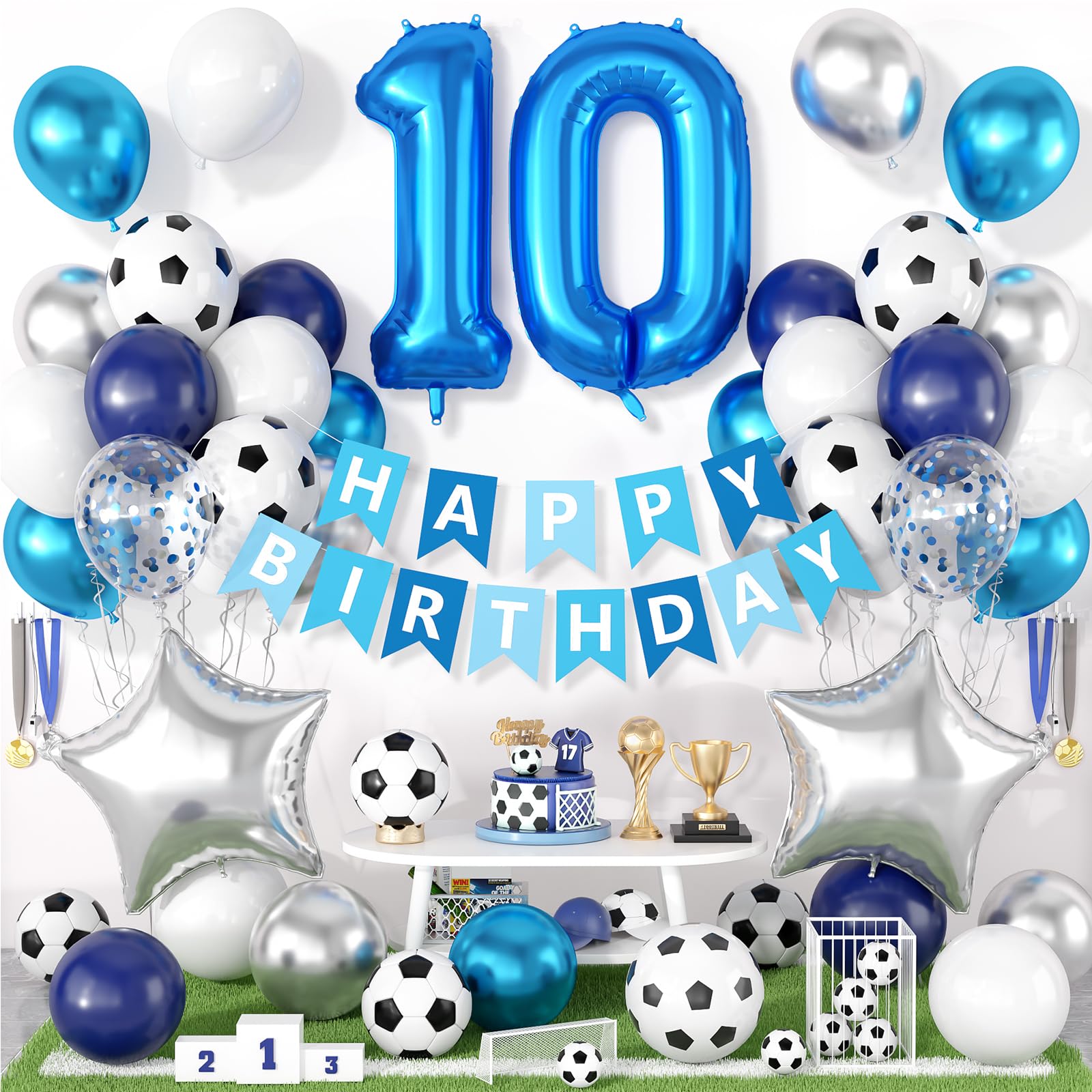 10th Football Birthday Party Decorations for Boys, Football Birthday Decoration with Blue White Silver Balloons Happy Birthday Banner 32in Foil 10 Balloon for Boy Kids Men Birthday Baby Shower Decor