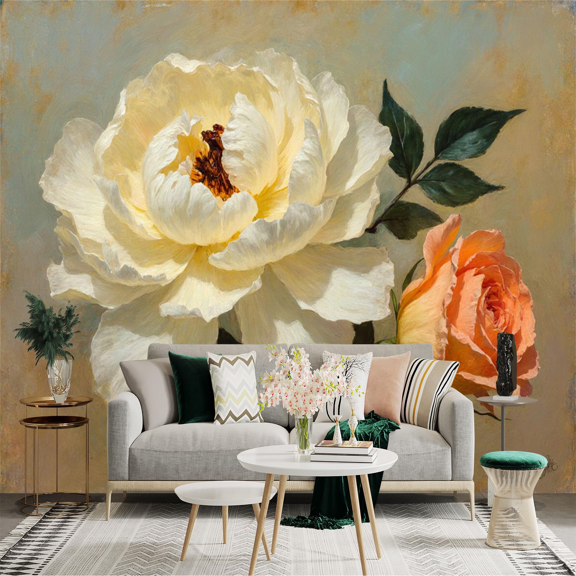 Custom Size Wall Sticker Mural， Elegant Large White Peony， Soft Peach Rose Bloom， Oil Painting Style Floral Art， Vintage Botanical Decor， for wall Decoration， peelandstick wall Decals.