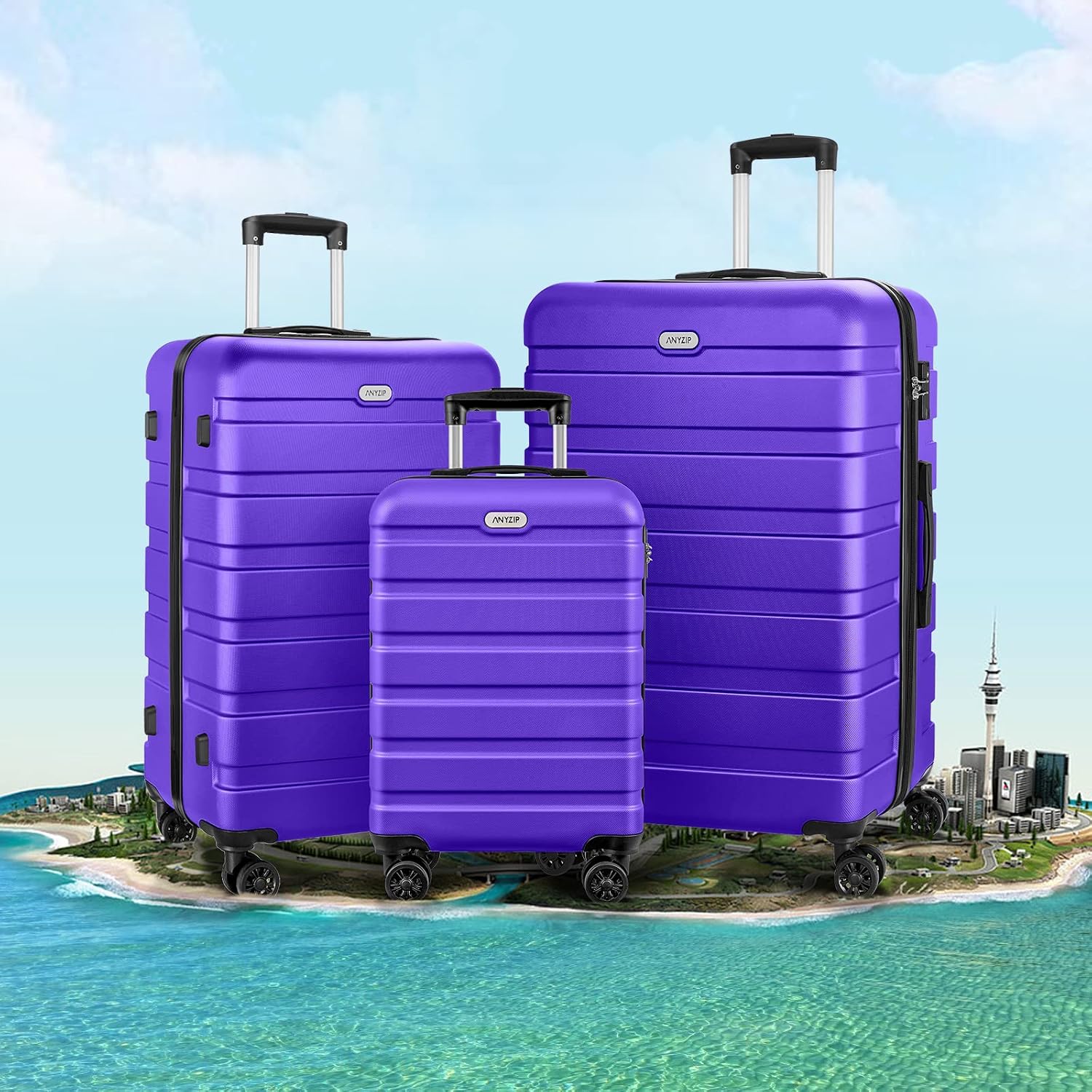 AnyZip Luggage Sets 3 Piece PC ABS Hardside Lightweight Suitcase with 4 Universal Wheels TSA Lock Carry On 20 24 28 Inch Violet Purple