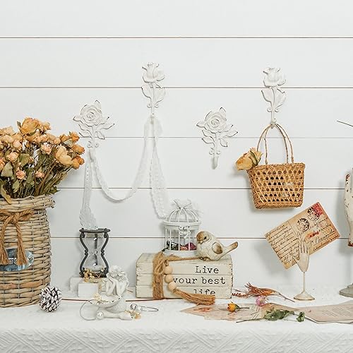 Miniatura 2 de SOFFEE DESIGN 2 ganchos individuales blancos con diseño de rosas 3D, estilo retro adornado para decoración de pared de habitación, abrigo, sombrero,