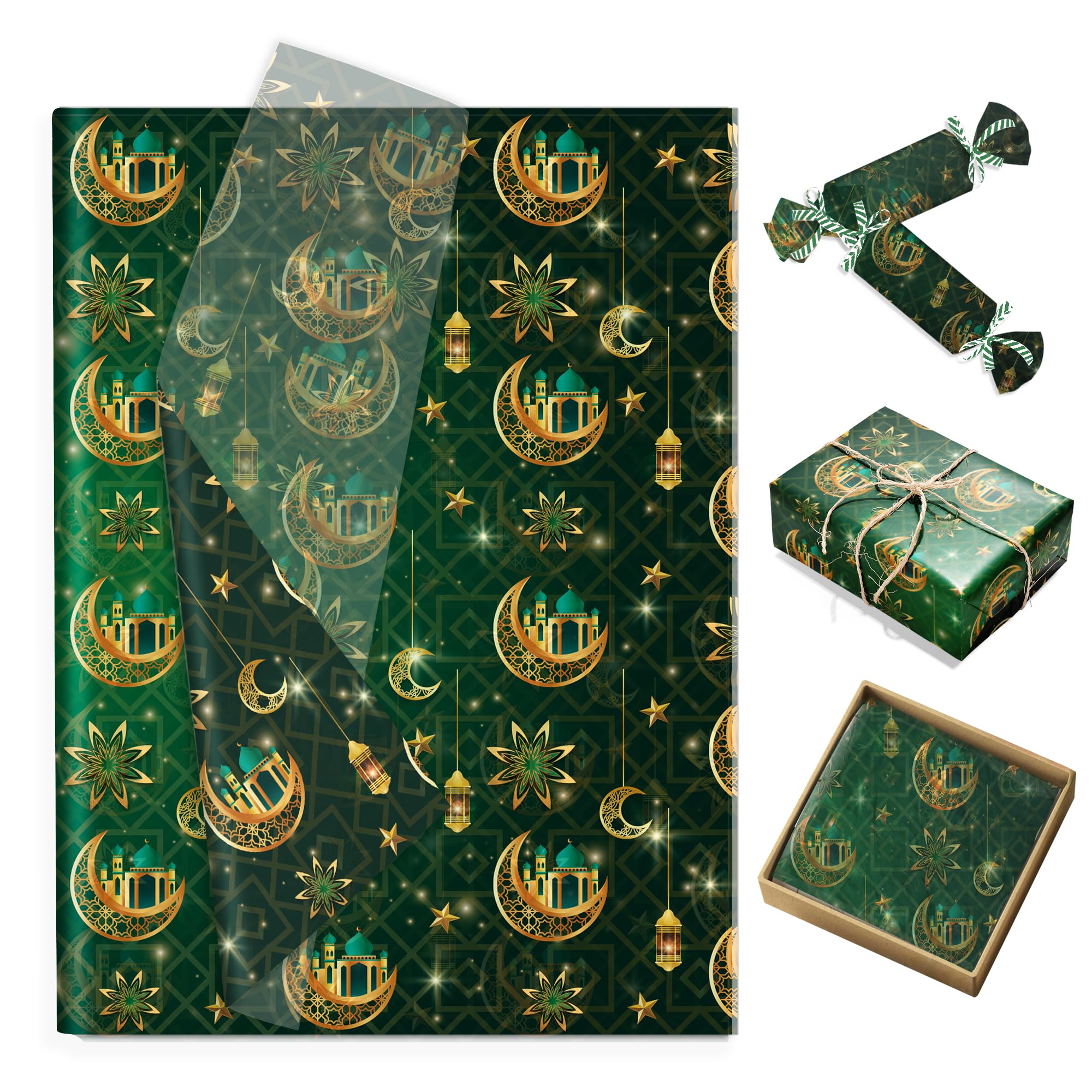 100 Blatt Seidenpapier DunkelGrün Eid Mubarak Geschenkpapier Seidenpapier Verpackungsmaterial für Ramadan Muslimische Partyzubehör Geburtstag Hochzeit Taufe Kommunion Geschenkverpackung,50x35cm