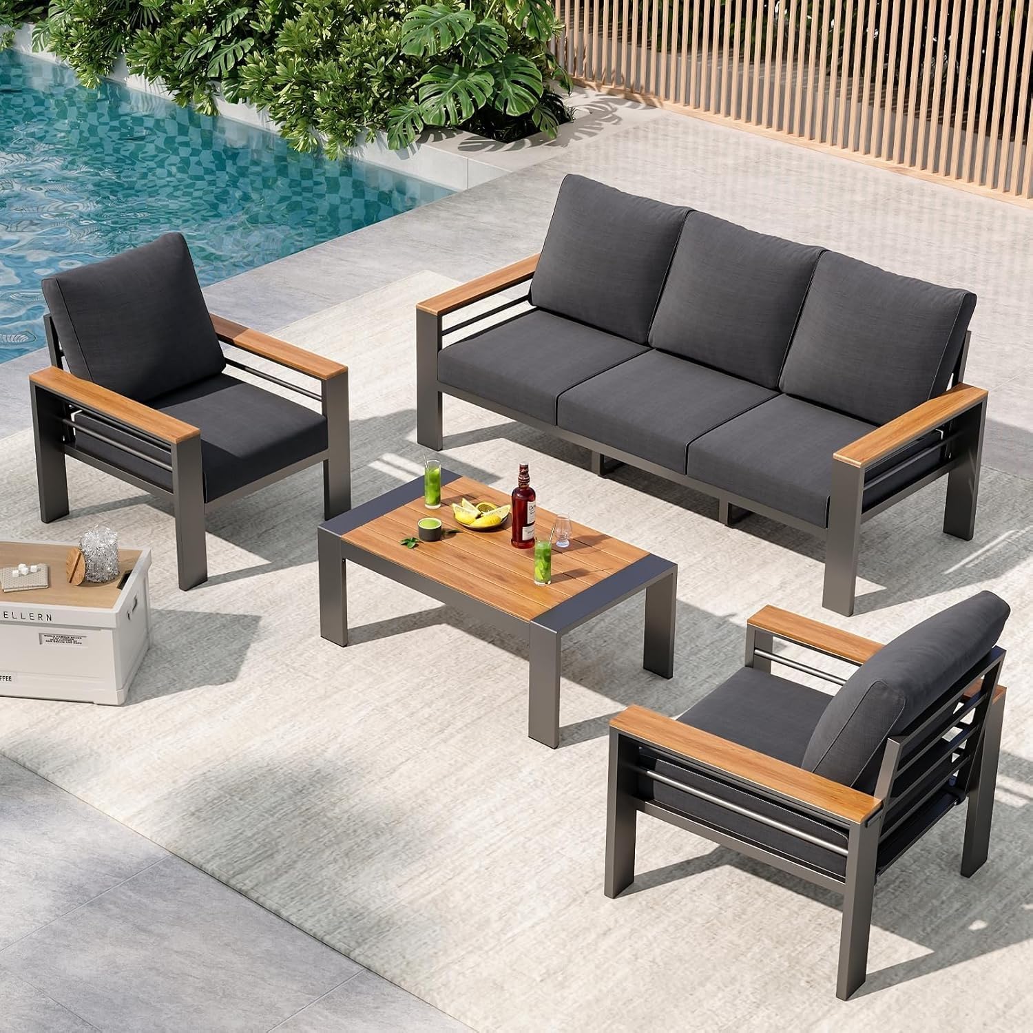 Aluminum Outdoor Patio Furniture Set 5 Seats Sectional with Coffee Table Patio Conversation Sets Upgraded Armrests and Cushions for Backyard Garden Poolside(Black)