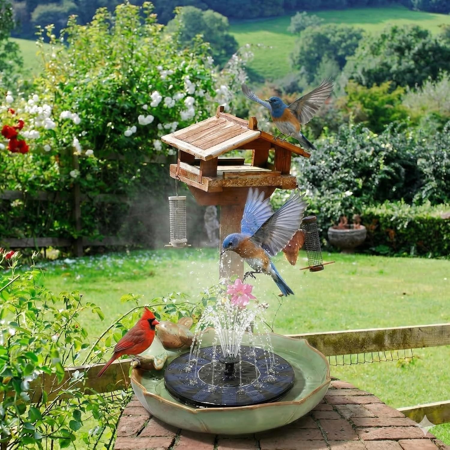Ceramic Bird Bath with Solar Fountain,Ceramic Birdbath Bowl Water for Outdoor, Solar Powered Ground Bird Feeders and birdbath for Outdoors, Tabletop, Deck, Balcony Patio, Lawn,Yard Garden Decor