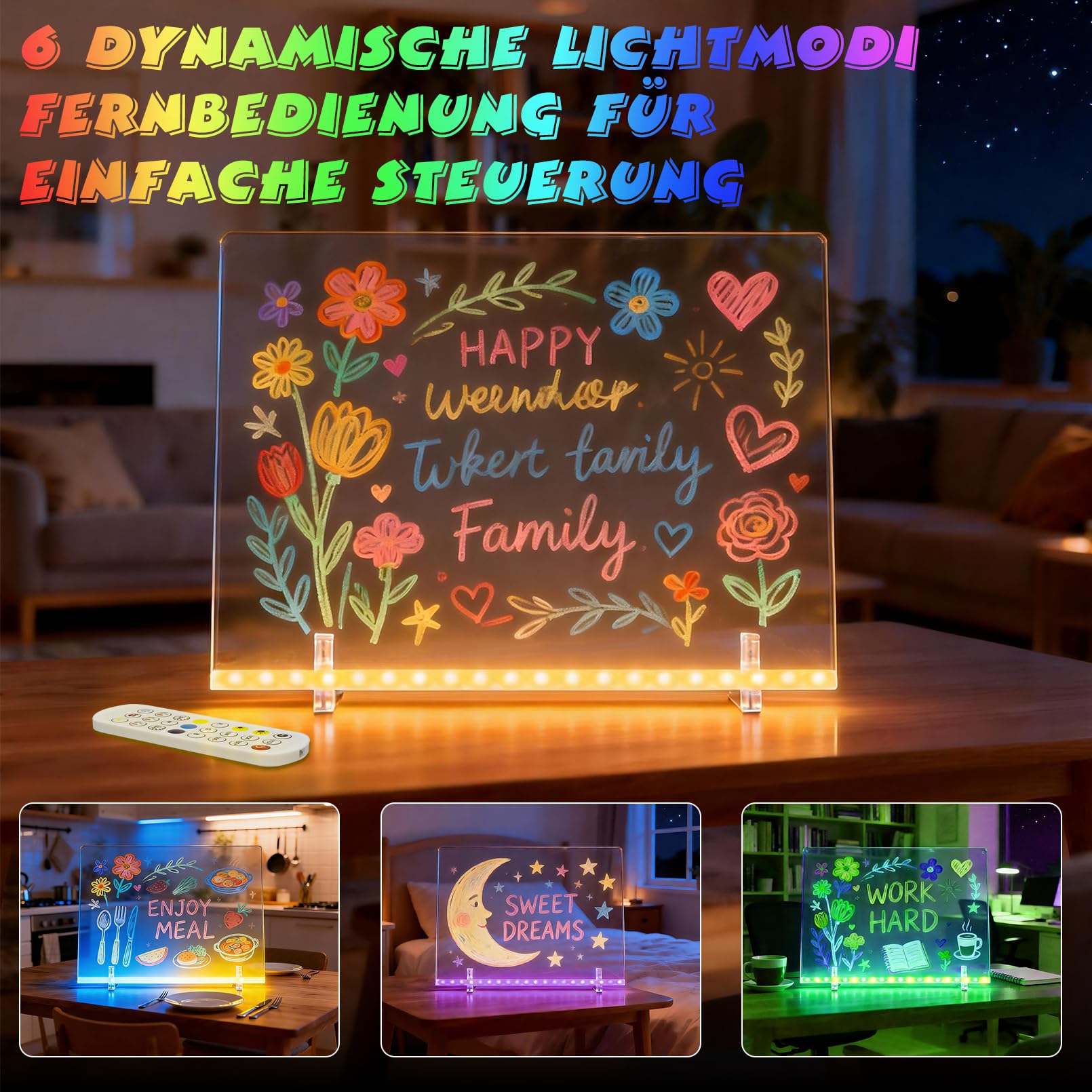 LED Kinder-Zeichenbrett 13 Farben 6 Modi 35x25cm Maltafel Memo Nachtlicht | Bunte LED-Optionen (fest, blinkend, fade) fördern Kreativität und bieten abwechslungsreichen Malspaß für Kinder