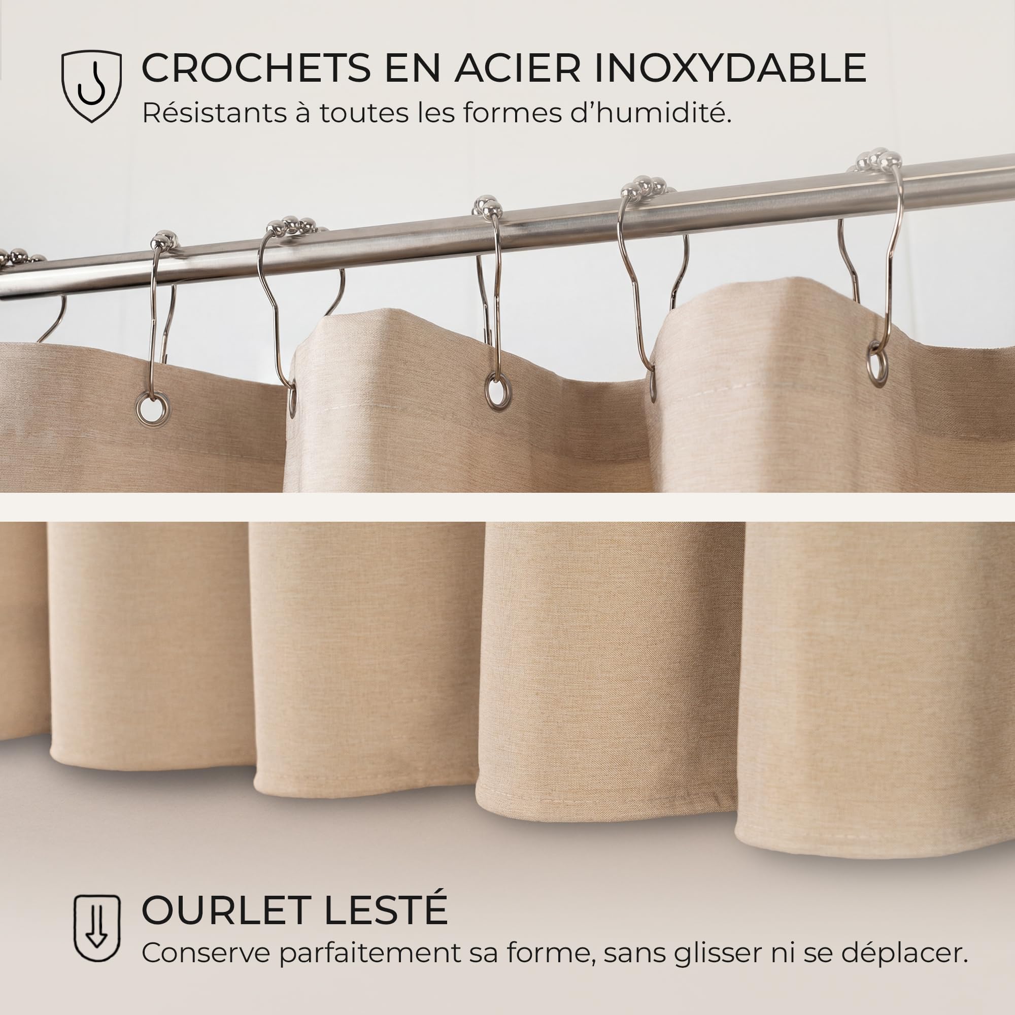 Rideau de Douche Lin Texturé 180x200 Beige – 230 GSM Imperméable | Usage polyvalent : baignoire, douche italienne, camping, balcon, hôtel, salle de sport
