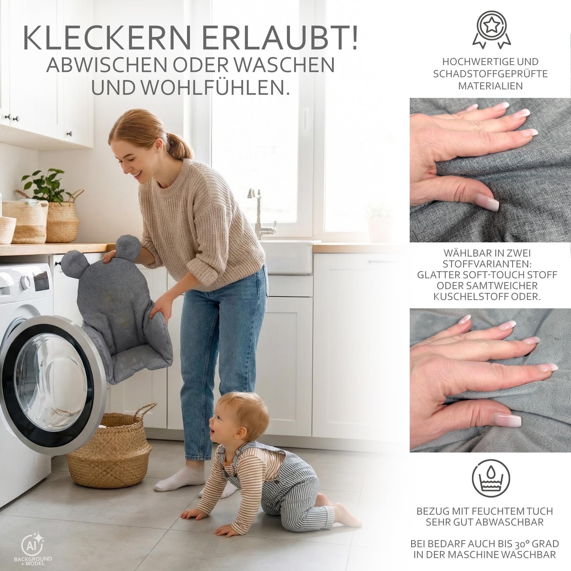 Sitzbezug für Ikea Antilop Hochstuhl, Dunkelgrau meliert Teddy | Sitzverkleinerer, Kissen, extra weich, waschbar, langlebig