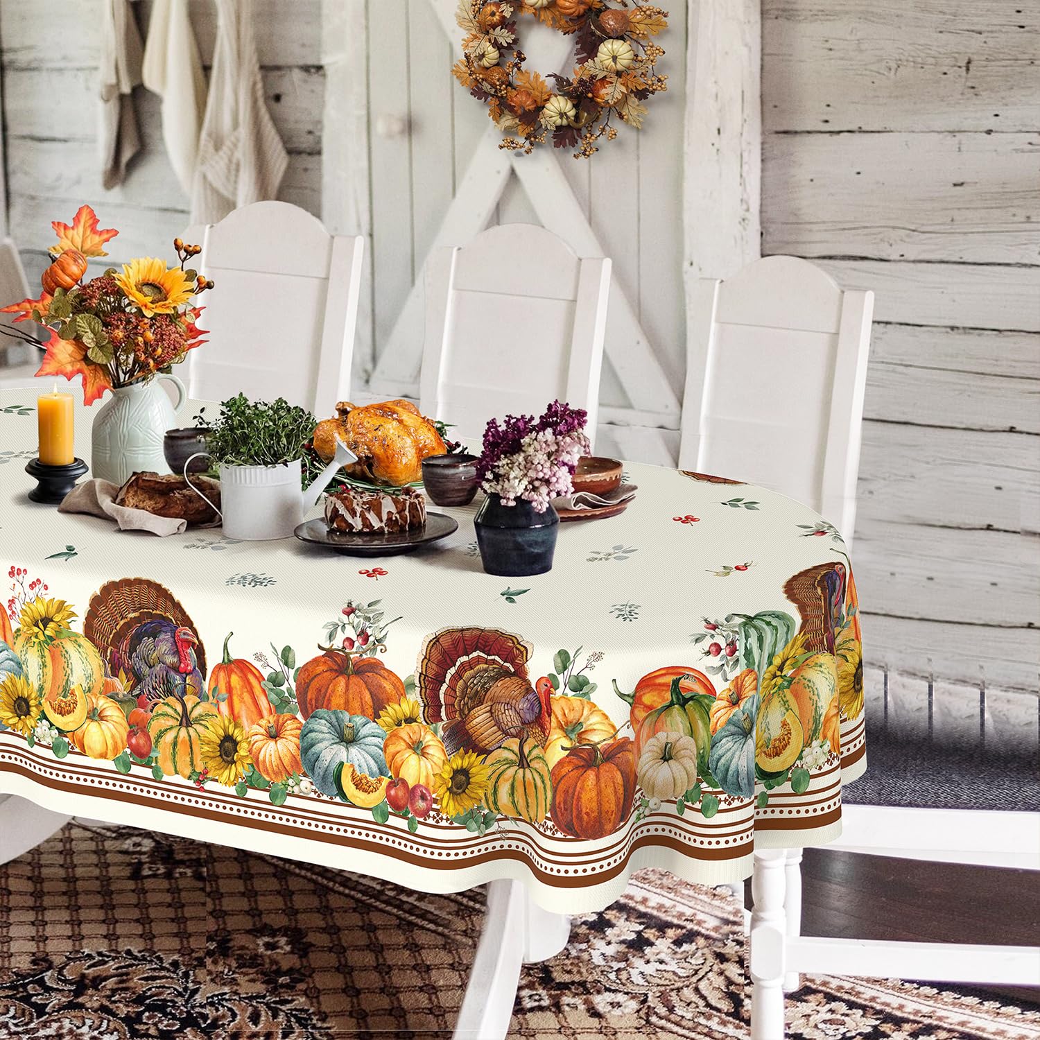 Yighty Oval Thanksgiving Tablecloth 60x120In,Autumn Harvest Pumpkin Sunflower Fruit Turkey Tablecloth,Polyester Waterproof Wrinkle-Resistant Durable Table Cloth for Fall,Thanksgiving Home Decor — image 1