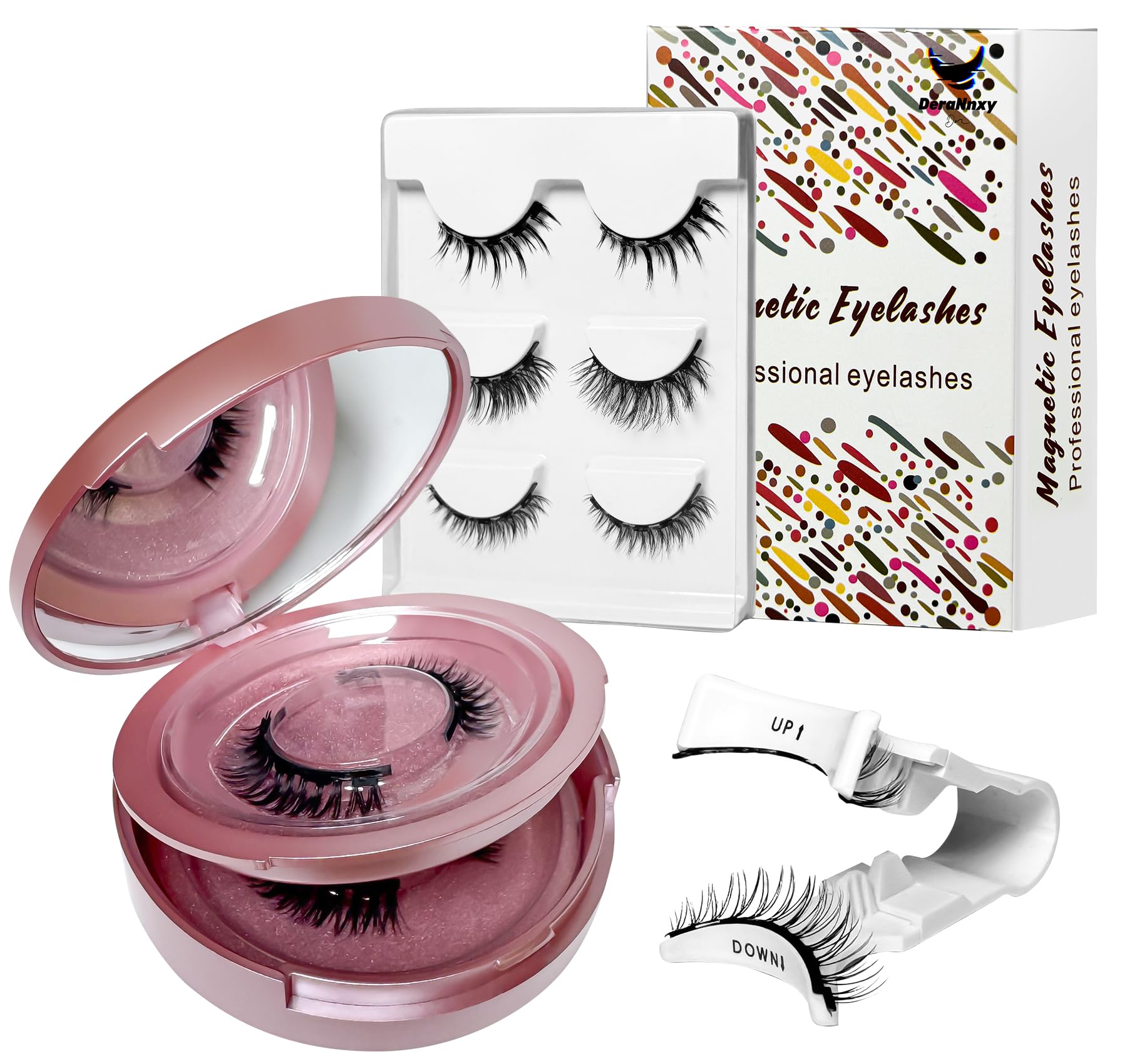 DeraNnxy Magnetic Eyelashes 5 Pairs of Reusable Magnetic Eyelashes with Applicator No Glue Eyelashes Easy to put on and Remove(Gold Dust）