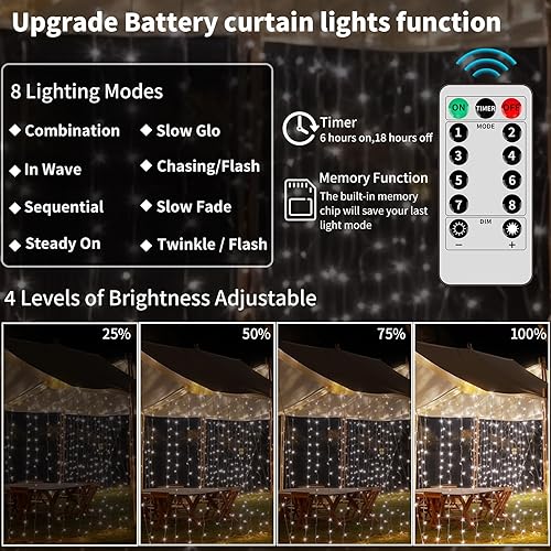 Miniatura 4 de 300 luces LED de cortina a pilas con control remoto, 8 modos de alambre de cobre, tira de luces parpadeantes impermeables para dormitorio, interior,