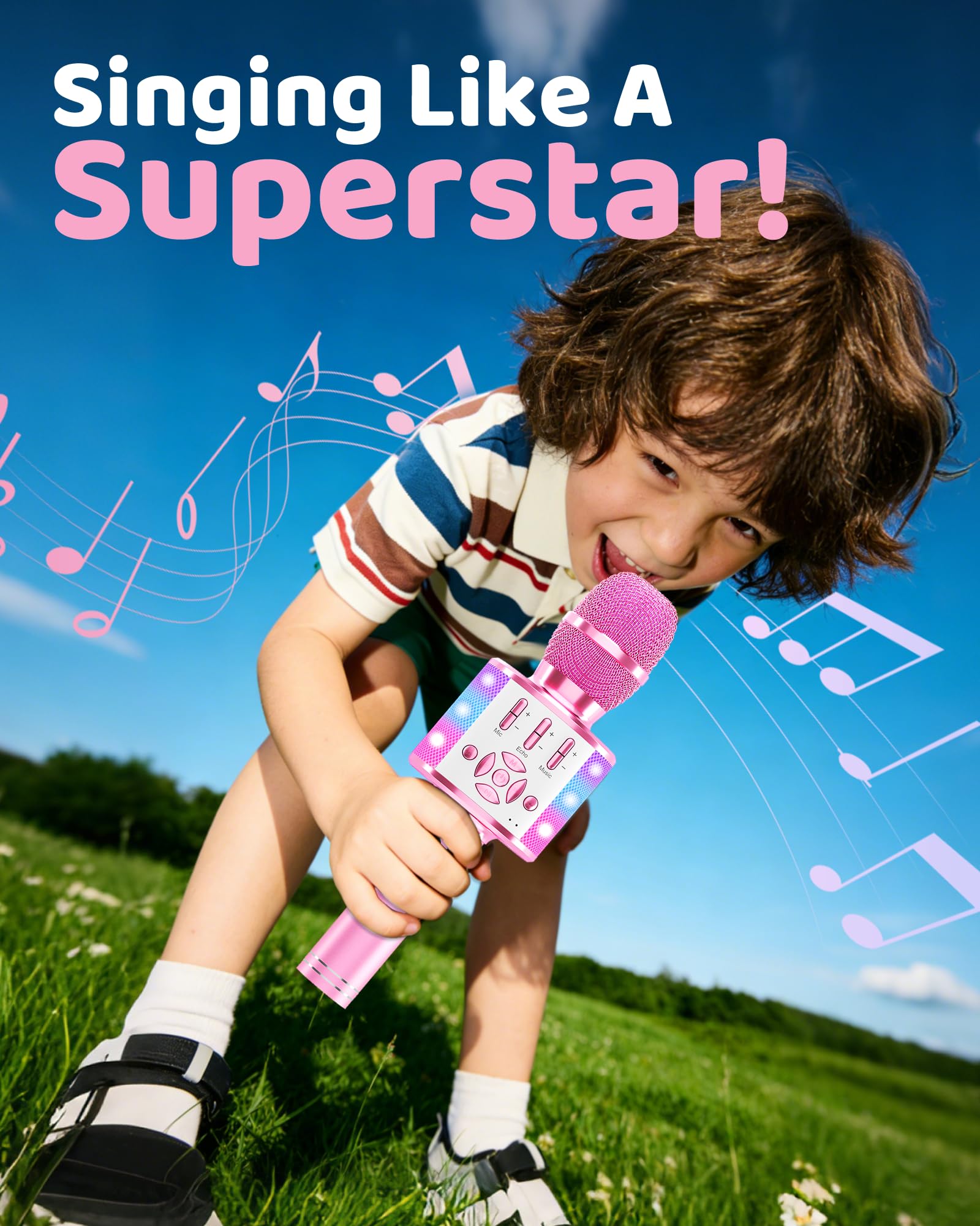 Amazmic Spielzeug für Mädchen, Kinder-Karaoke-Mikrofon, Kleinkind-Mikrofon für Kinder mit Lichtern, Geburtstagsgeschenk für Mädchen, Jungen, Spielzeug Alter 3 4 5 6 7 8+ (Hellrosa)