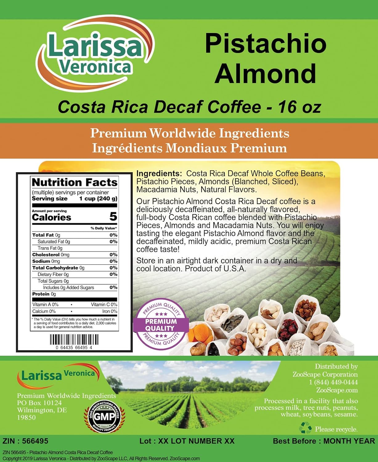 Pistachio Almond Costa Rica Decaf Coffee (Gourmet, Naturally Flavored, Whole Coffee Beans) (16 oz, ZIN: 566495)
