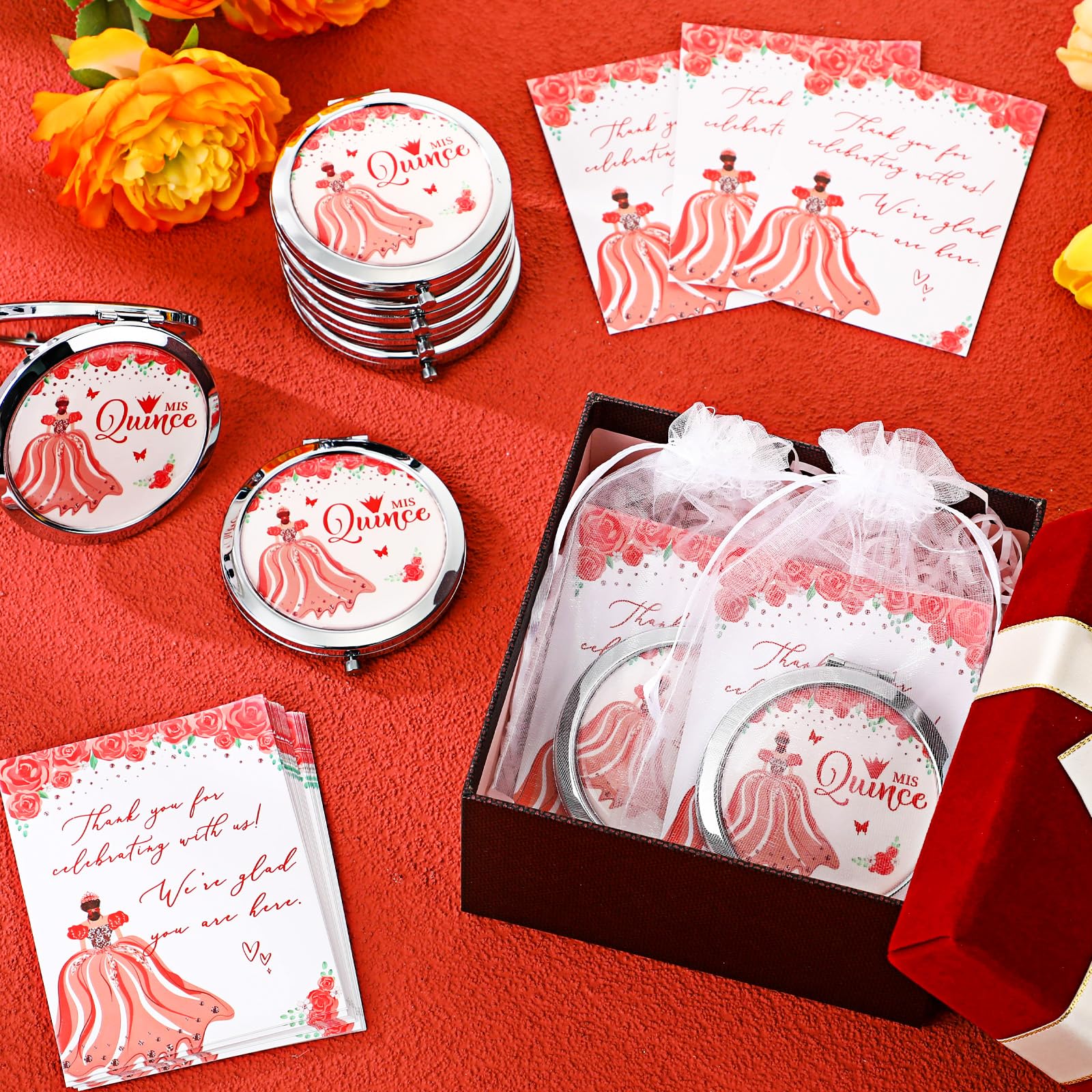 Menkxi 24 juegos de recuerdos de fiesta de quinceañera para invitados, espejos compactos con tarjetas, bolsas, regalos para cumpleaños de niñas de 15 años (rojo)