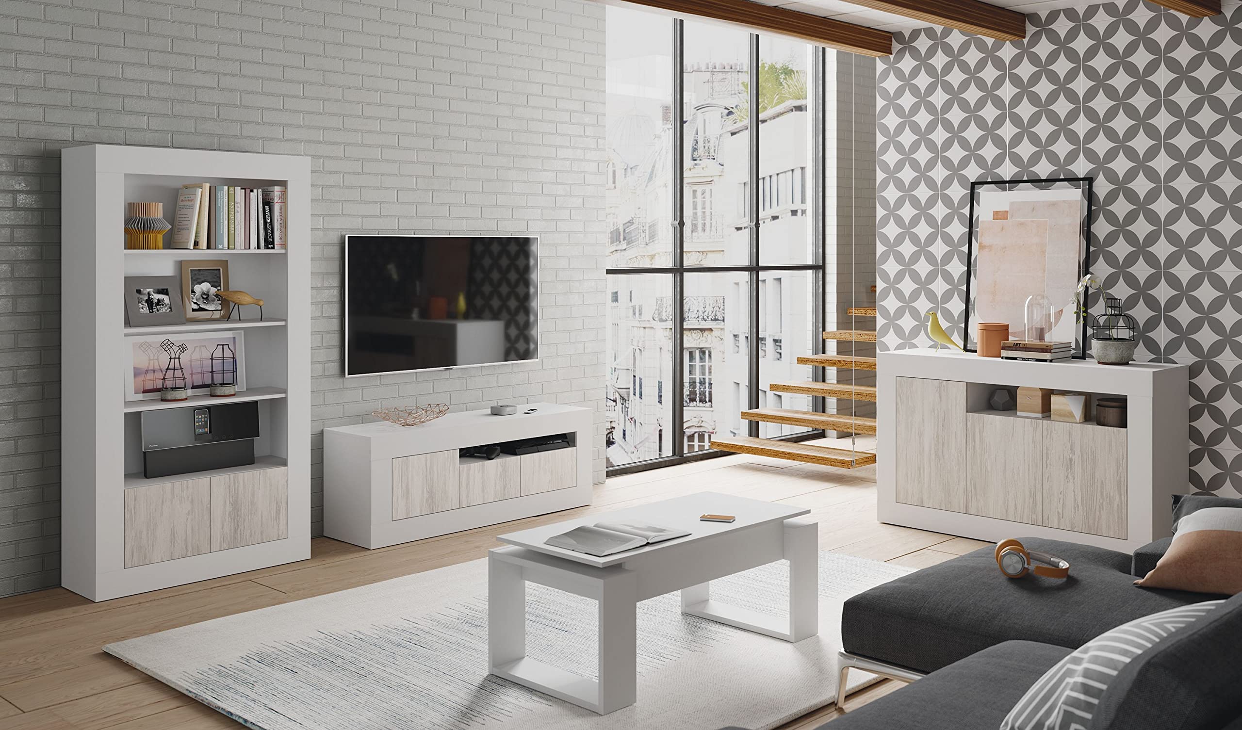 Dmora Mobile da Soggiorno Porta TV Composto da Un modulo a Tre Ante, Colore Rovere e Bianco, cm 139 x 53 x 42