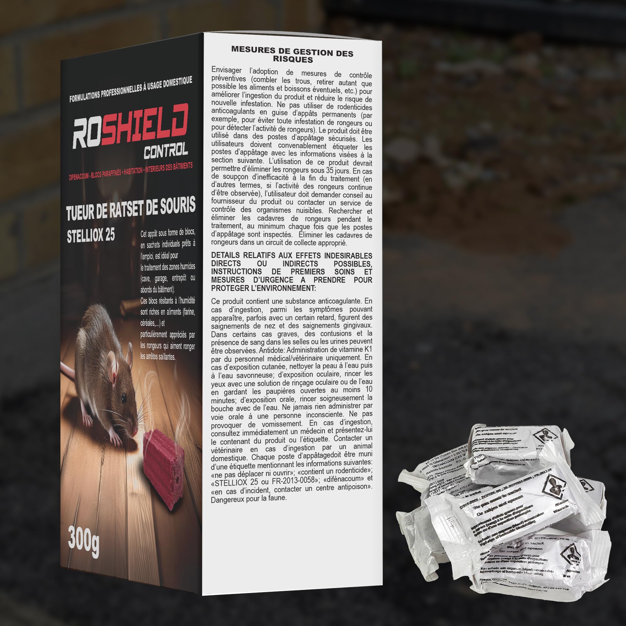 Roshield Anti Rats & Souris 600g Forte Infestation Habitation et Cuisine Efficace dès la 1ère Ingestion Idéal pour Lieux Secs & Humides (600g, 24x25g)