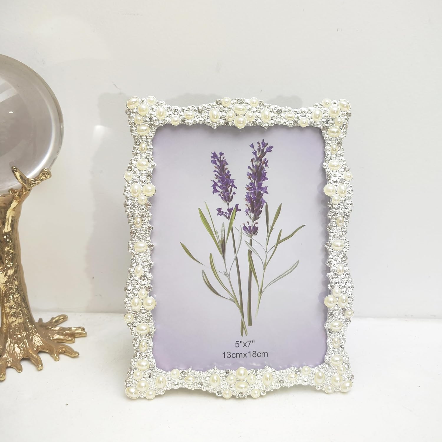 Elegant Pearl and Crystal Metal Picture Frame, White, 4 * 6in,5x7 Inch, Decorative Border, Wedding Style Photo Display, Silver Plated for Tabletop Display,2 Pack(PICTURE RANDOM) (2, 5 * 7)