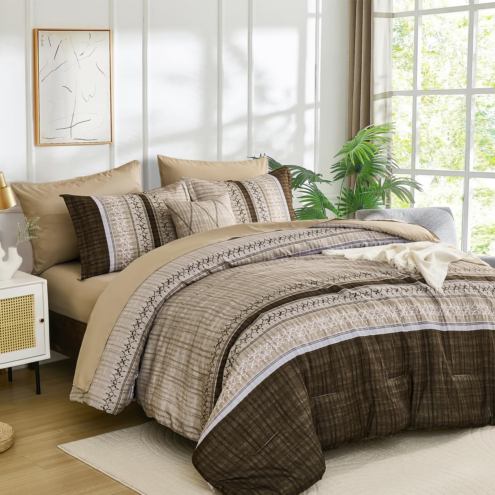 Dintszyayue Brown Comforter Set Queen Size, 8 Pieces Boho Striped Bed in a Bag Soft Microfiber Bedding Set for All Season