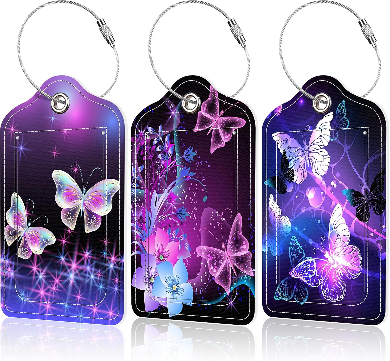 3 Pack Butterflies Luggage Tag for Suitcases Glowing Night Butterflies PU Leather Bag Travel Suitcase ID Identifier Baggage Tags for Women Men Travel