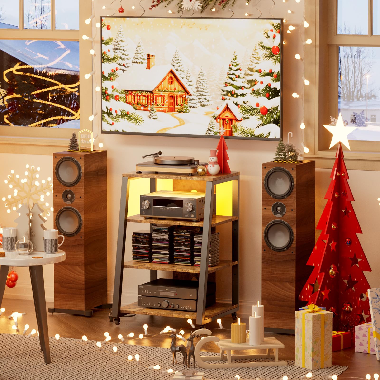 Lifewit Supporto audio a 4 livelli con prese elettriche e luci a LED, in legno e acciaio, per giradischi e impianti stereo e impianto compatto, marrone