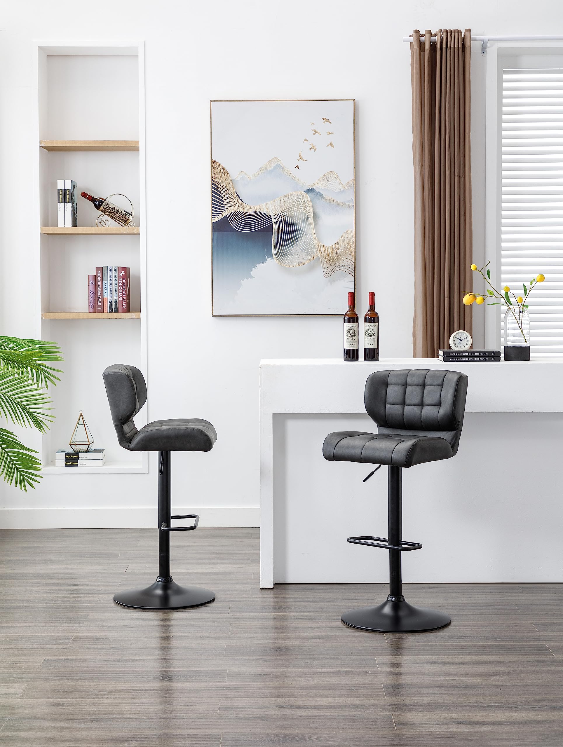 Urban Home FurnitureHarvey Adjustable Bar Stools with Low Back, Swivel Storm Grey Faux Leather Bar Chairs for Kitchen/Island, Set of 2, Barstools for Kitchen Counter, Storm Grey