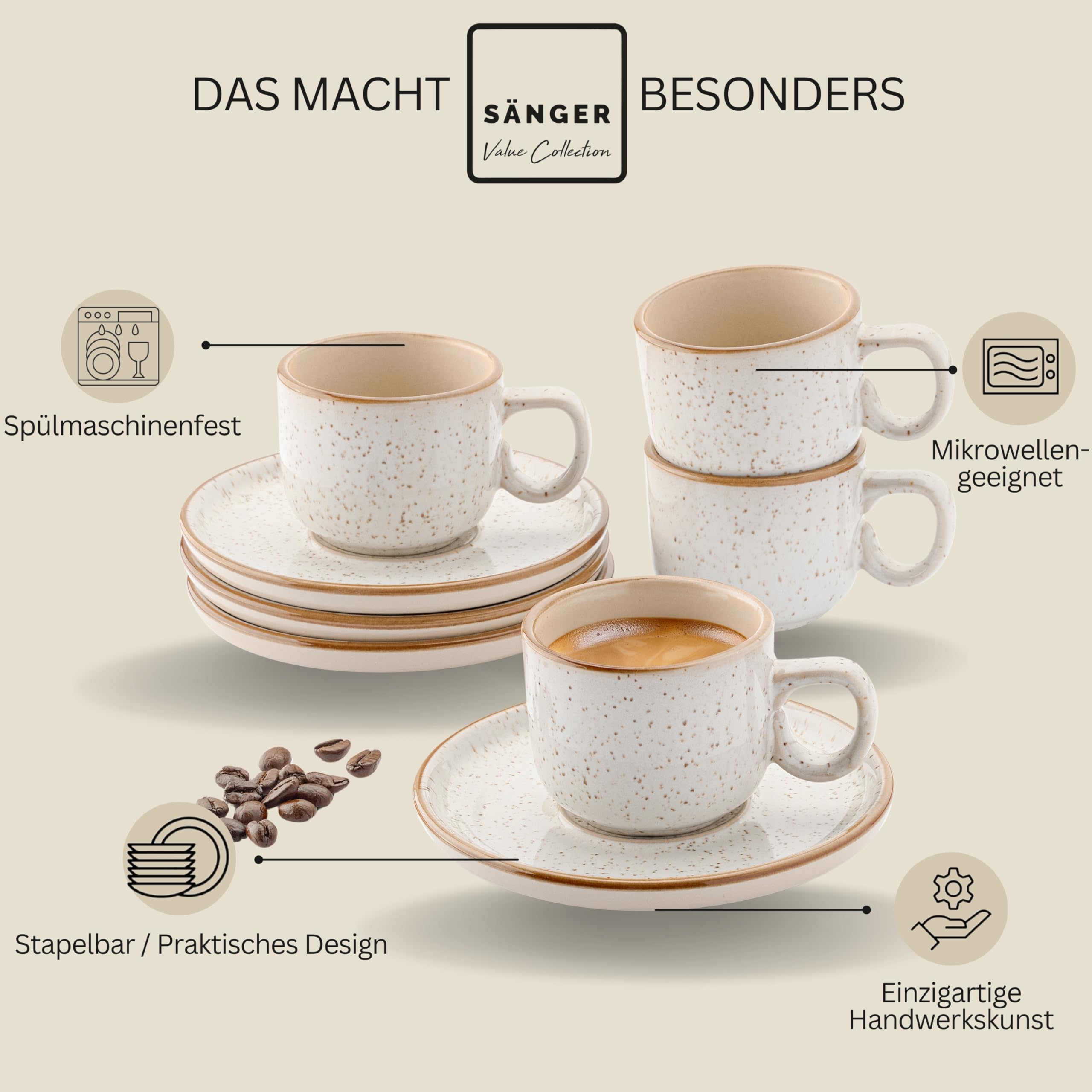 Sänger Rio Creme | Set di 8 tazze da caffè per 4 persone, tazze da caffè e moca, antigraffio, lavabili in lavastoviglie, adatte al microonde, 4 tazze e 4 piattini color crema da 80 ml | Value