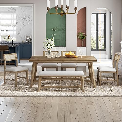 Miniatura 3 de Merax Juego de mesa de comedor retro de 6 piezas para 6, mesa rectangular de madera estilo granja con banco acolchado y cuatro sillas tapizadas y