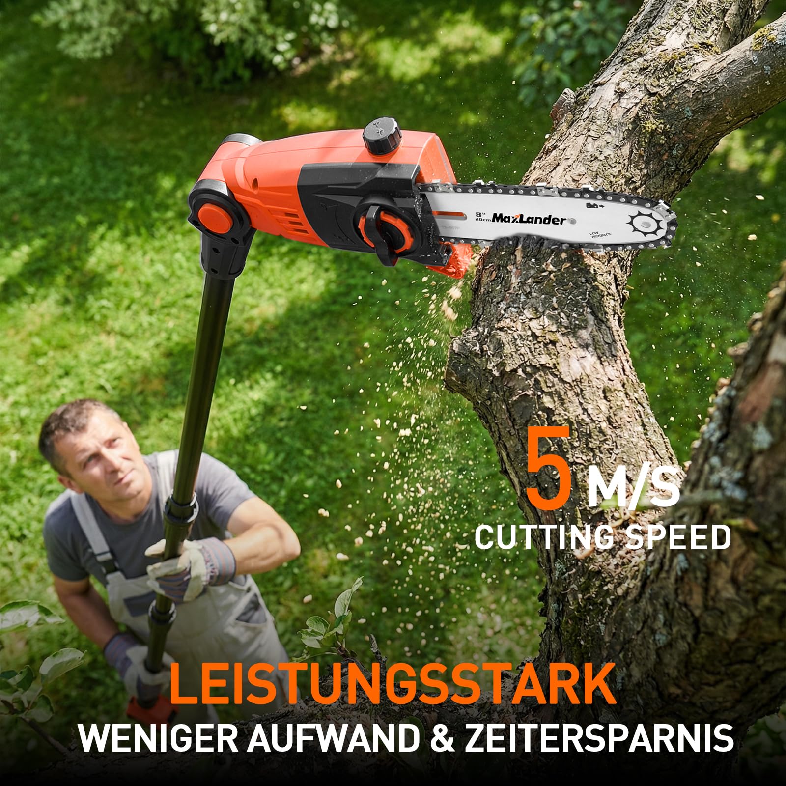 MAXLANDER Sierra de barra inalámbrica para corte de árbol, batería de 4,5 m (15 pies), alcance de la sierra de barra eléctrica, velocidad de corte de 5,0 m/s, 20 cm, sierra de cadena de barra