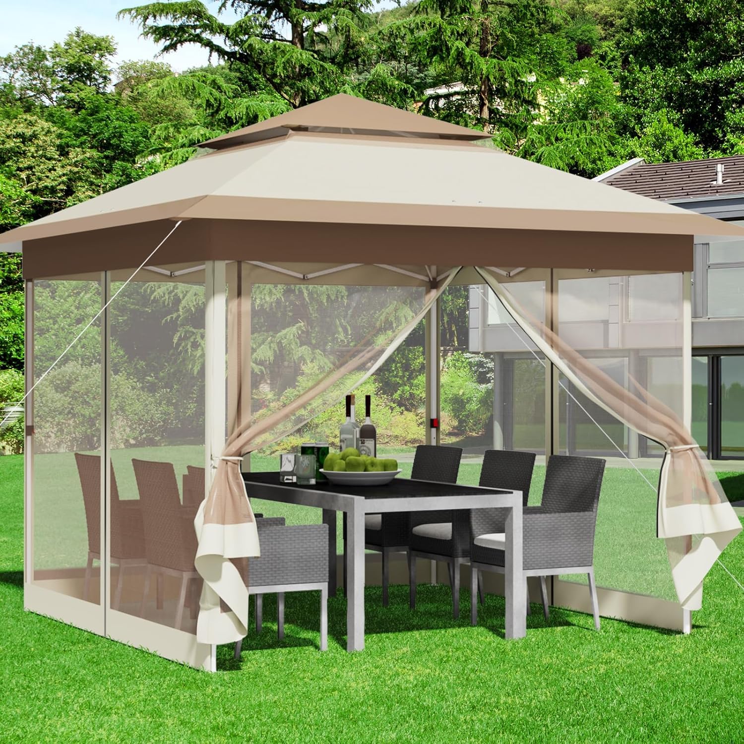 Tonnelle Pliante 3,3 x 3,3 m imperméable,avec 4 Toiles Moustiquaires, One Push Tonnelle de Jardin,Tente de fête à Double Toit, 4 Sacs de Sable, pour terrasse/marché/Camping/Plage, Marron Kaki