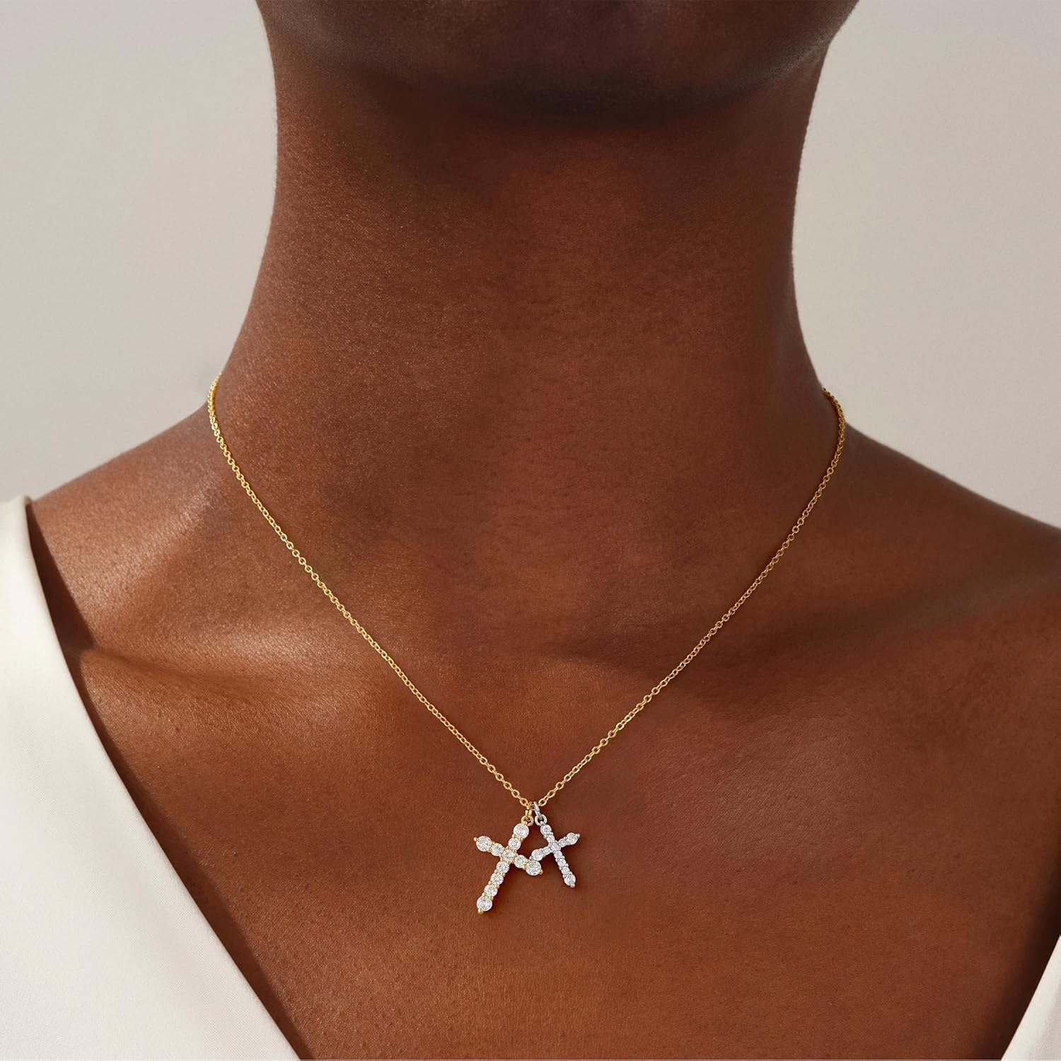 Cross Necklace 14K Gold/Silver Plated Double Cross Pendant Necklace Dainty Diamond Cross Charm Link Chain Choker Delicate Faith Jewelry Religious Gifts for Women,Valentine's Day Gift - Image 2