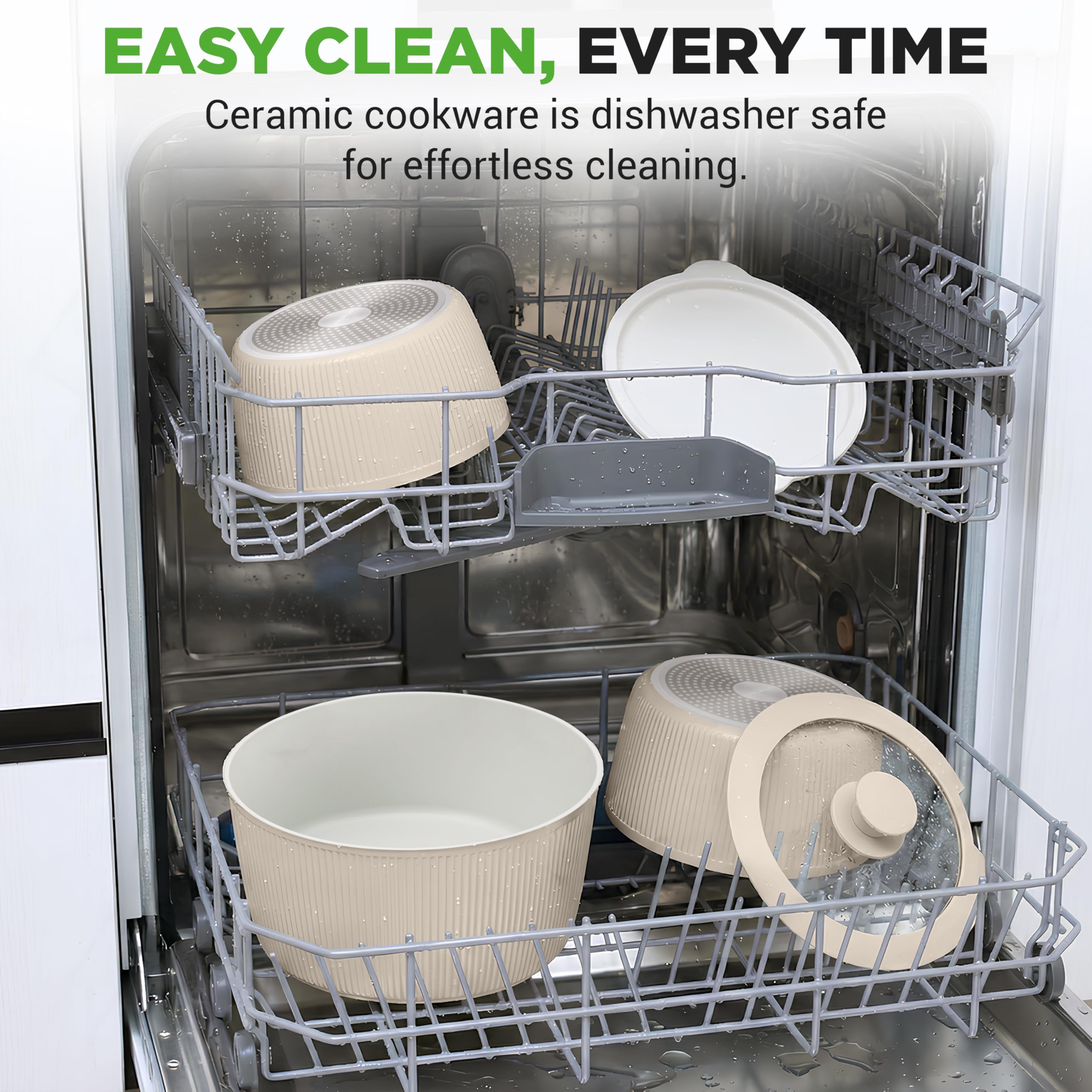 NutriChef Zestaw Naczyń Ceramicznych 18 Sztuk z Odczepianymi Rączkami, Patelnia i Garnki z Powłoką Nieprzywierającą, Powłoka Ceramiczna Bez PTFE, Oszczędność Miejsca, Do Pieca, Kremowy