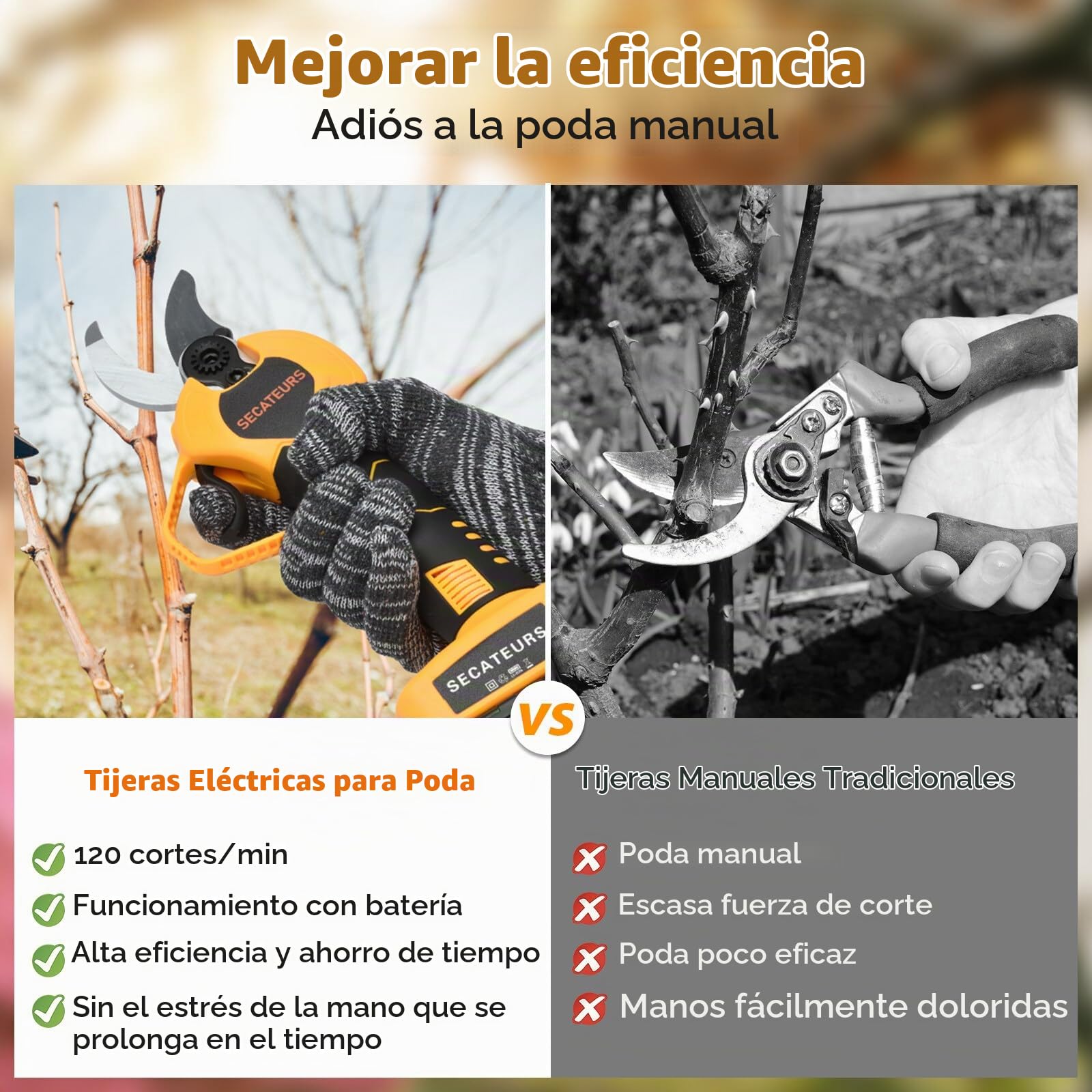 Tijeras de Podar Eléctricas 40mm Progresivas con Display, 2 Baterías 21V | Motor brushless, corte preciso, apertura progresiva, ideal para jardinería, árboles frutales y viñedos