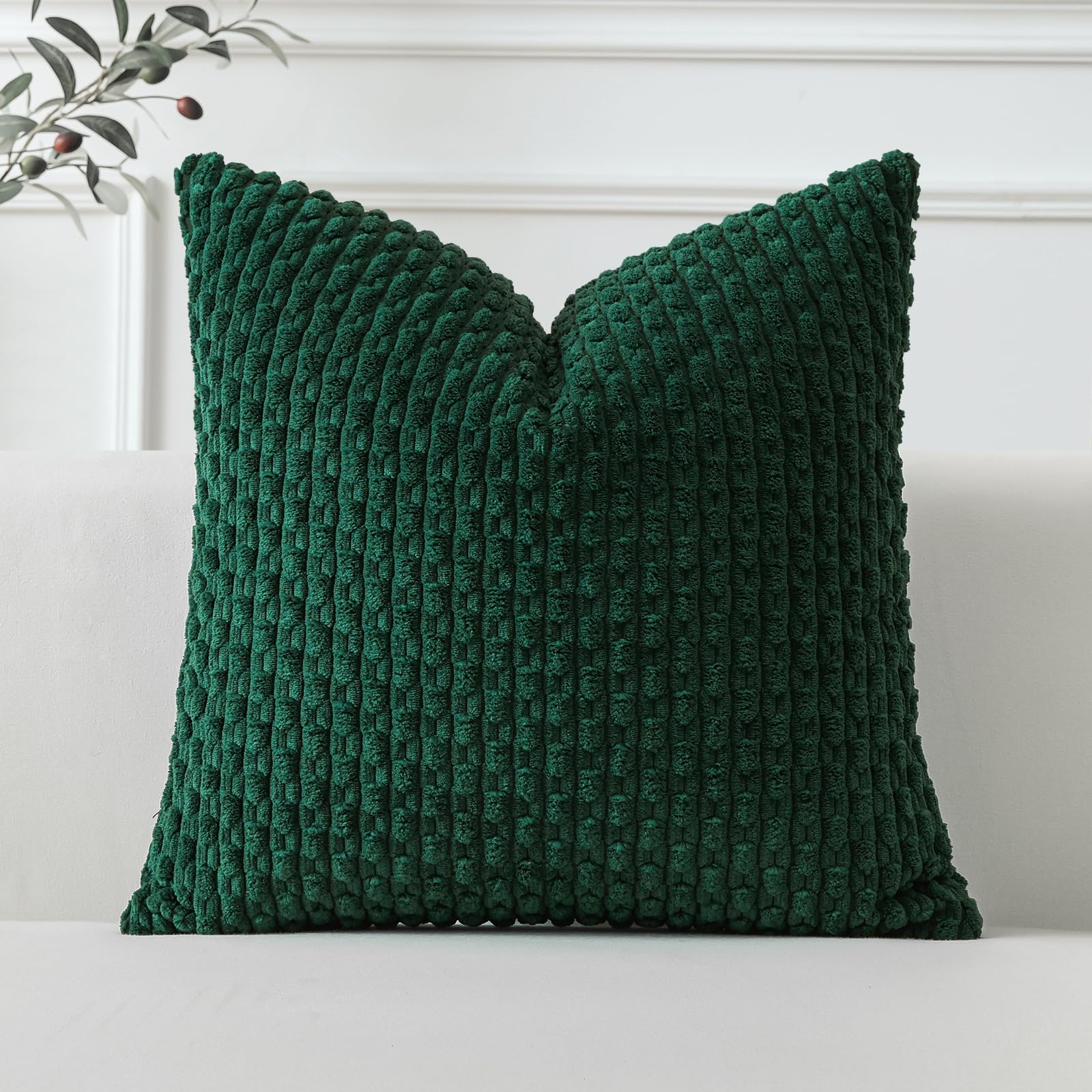 Sungeek Set of 1 Dark Green Soft Corduroy Decorative Cushion Cover Boho Striped Throw Pillow Cover for Sofa Couch Living Room Patio Farmhouse Home Decor Pillowcase 60x60cm โ image 1