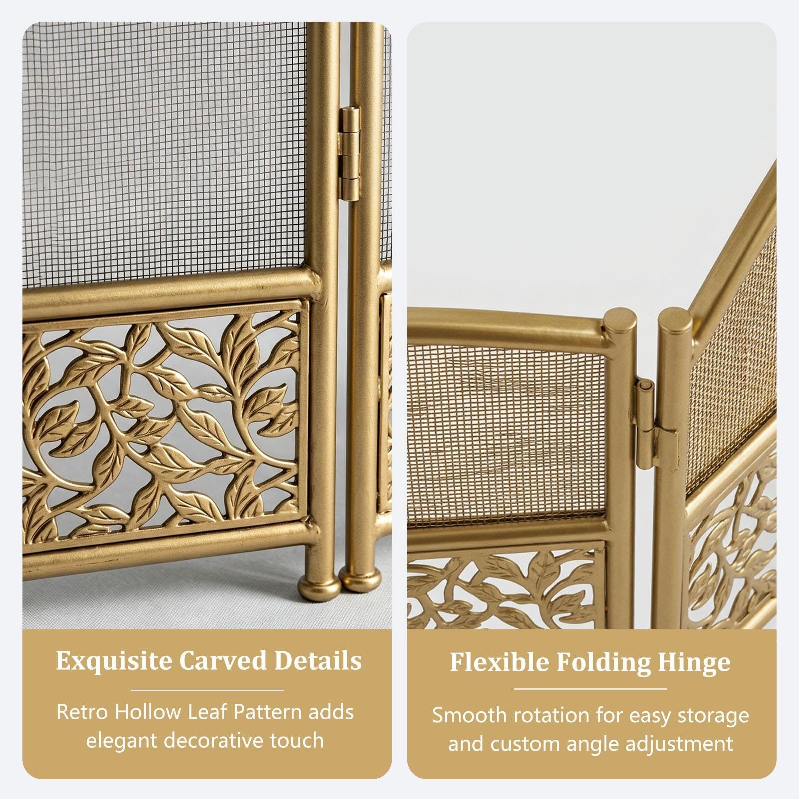Parascintille per Camino 4 Pannelli, Robusto Parafuoco Autoportante | Protezione in Ferro Battuto, Rete Curva Antiscintille, Barriera Decorativa per Camino(Gold)