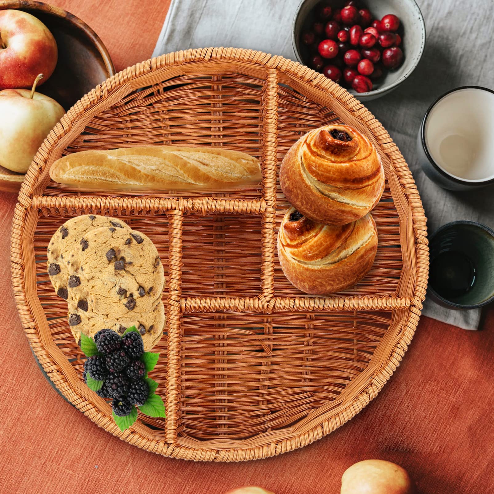 Woven Storage Box Portable Food Serving Tray Multi-functional Storage Basket Household Fruit Container Multi-grid Dry Fruit Tray Imitation Rattan Snack Holder Snacks Display Basket